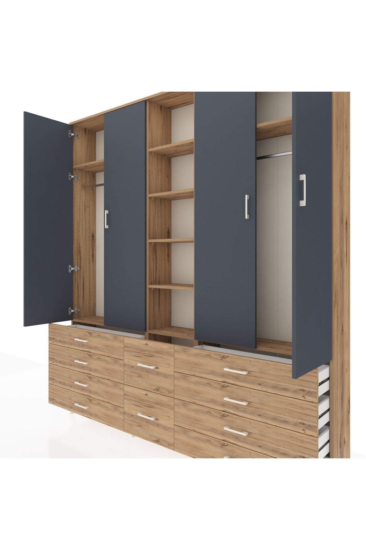 Arges Dolap 9 Raflı 10 Çekmeceli 2 Askılı 220x30x243 Çam-Antrasit/Çam