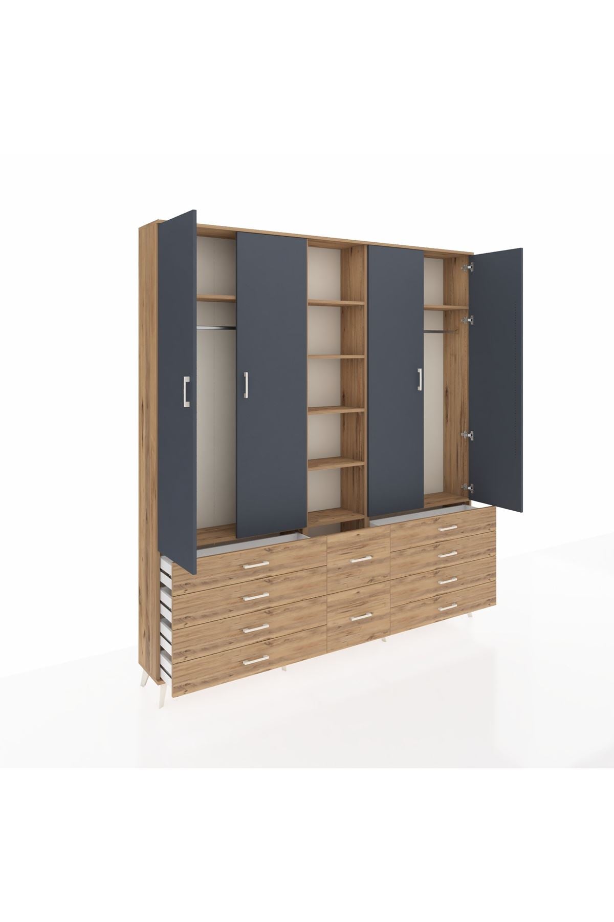 Arges Dolap 9 Raflı 10 Çekmeceli 2 Askılı 220x30x243 Çam-Antrasit/Çam