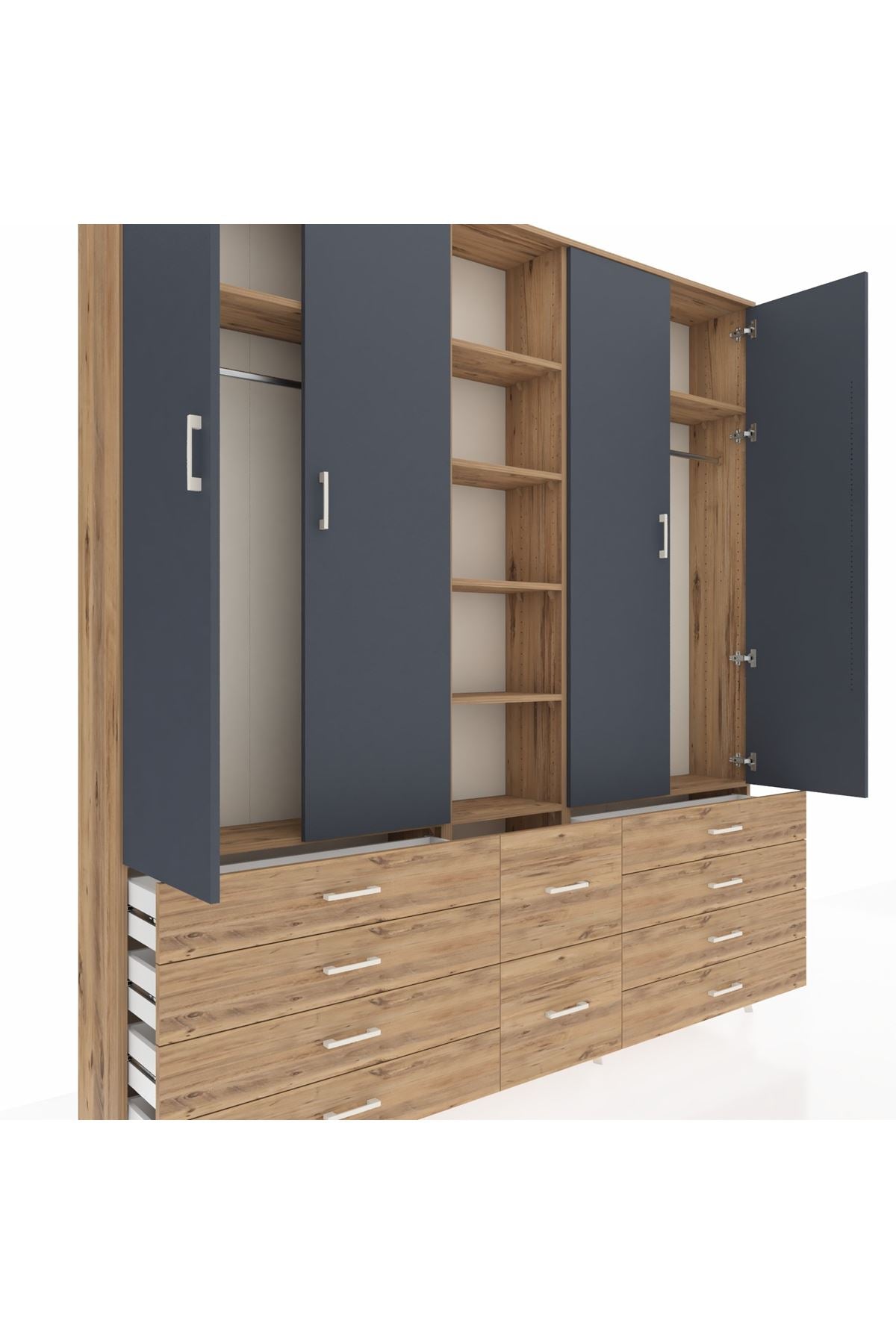 Arges Dolap 9 Raflı 10 Çekmeceli 2 Askılı 220x30x243 Çam-Antrasit/Çam