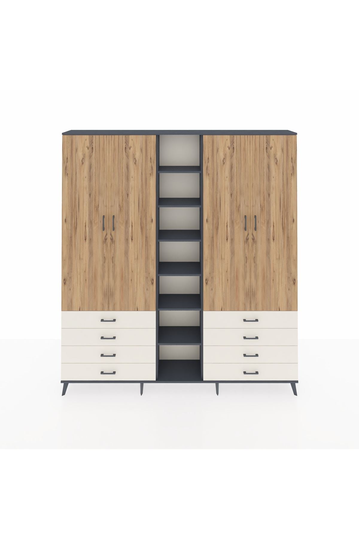 Arges Dolap 10 Raflı 8 Çekmeceli 2 Askılı 220x30x243 Antrasit-Çam/Aytaşı