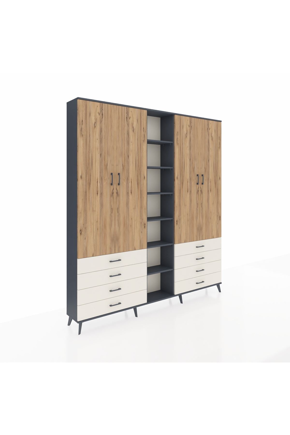 Arges Dolap 10 Raflı 8 Çekmeceli 2 Askılı 220x30x243 Antrasit-Çam/Aytaşı