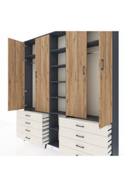 Arges Dolap 10 Raflı 8 Çekmeceli 2 Askılı 220x30x243 Antrasit-Çam/Aytaşı