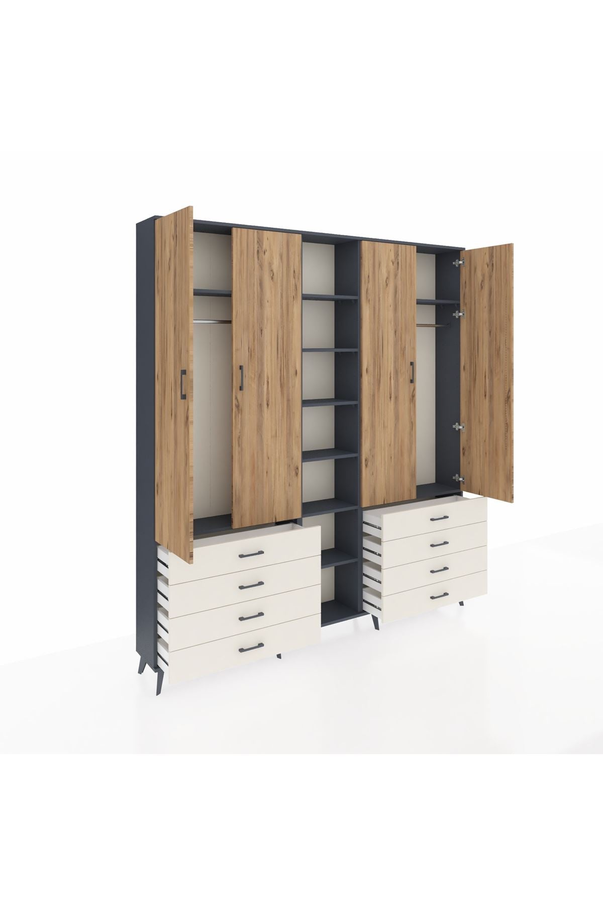 Arges Dolap 10 Raflı 8 Çekmeceli 2 Askılı 220x30x243 Antrasit-Çam/Aytaşı