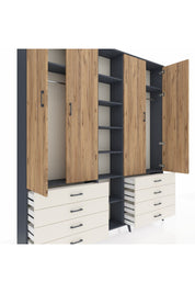 Arges Dolap 10 Raflı 8 Çekmeceli 2 Askılı 220x30x243 Antrasit-Çam/Aytaşı
