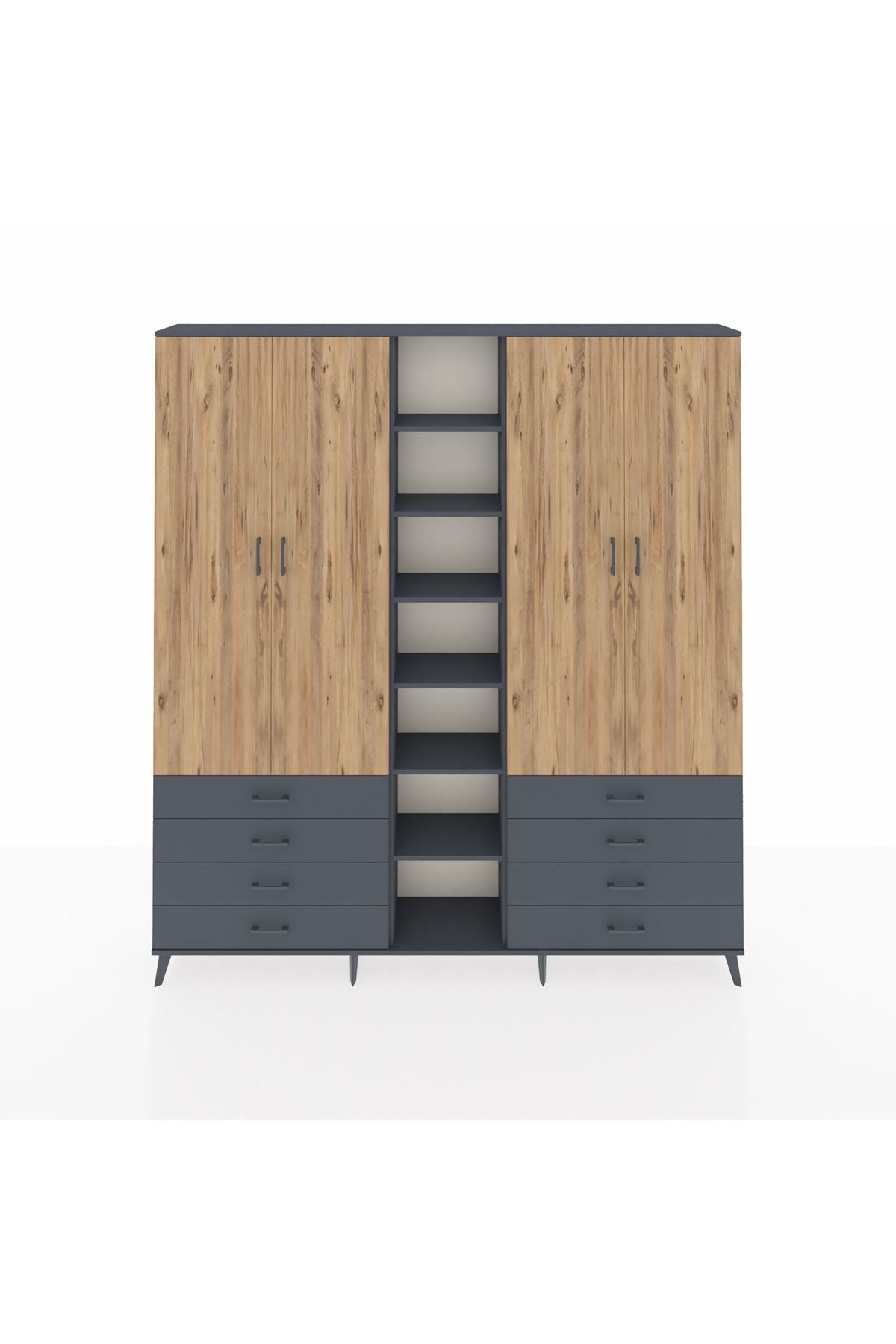 Arges Dolap 10 Raflı 8 Çekmeceli 2 Askılı 220x30x243 Antrasit-Çam/Antrasit