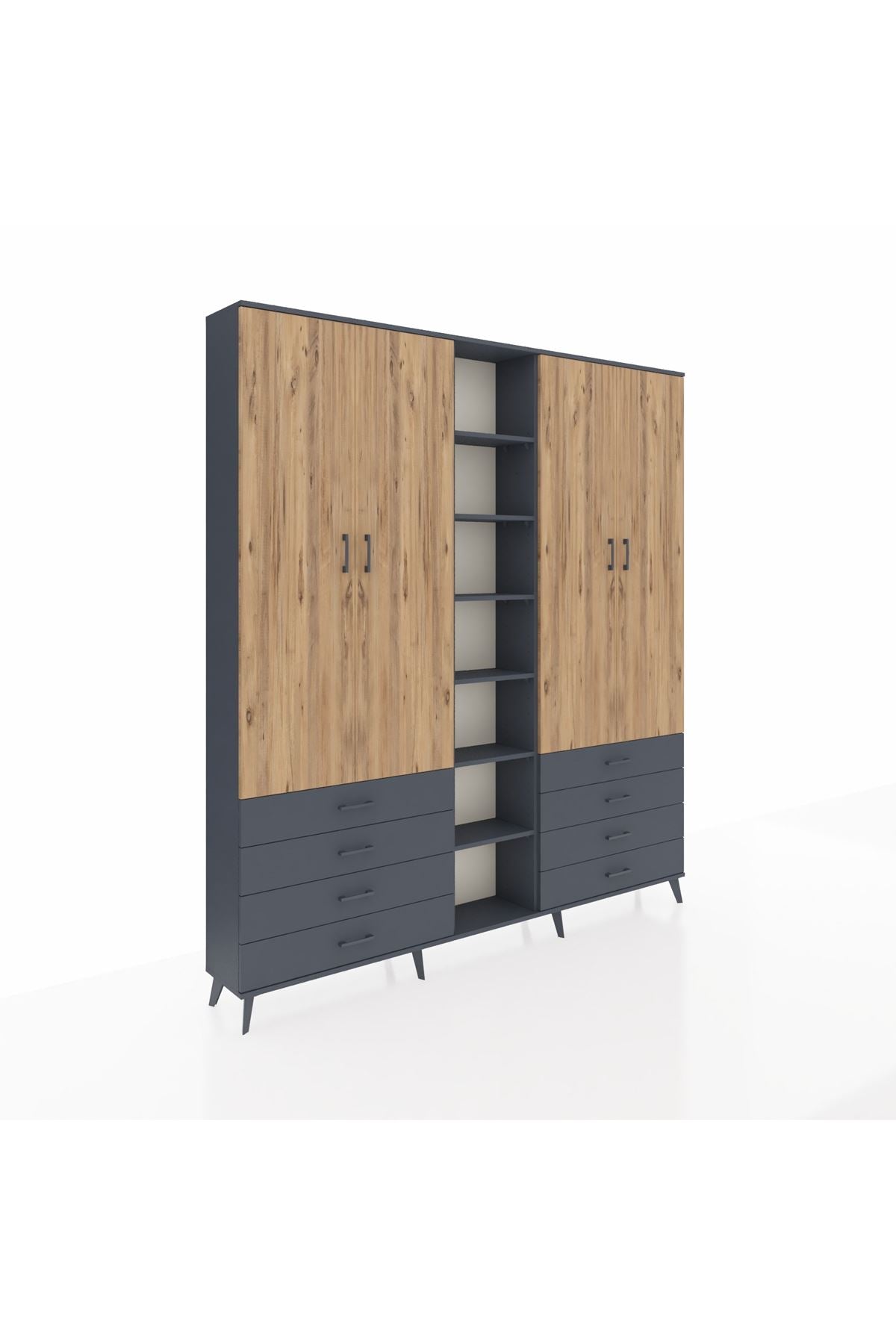 Arges Dolap 10 Raflı 8 Çekmeceli 2 Askılı 220x30x243 Antrasit-Çam/Antrasit