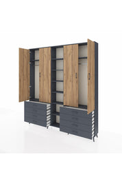 Arges Dolap 10 Raflı 8 Çekmeceli 2 Askılı 220x30x243 Antrasit-Çam/Antrasit