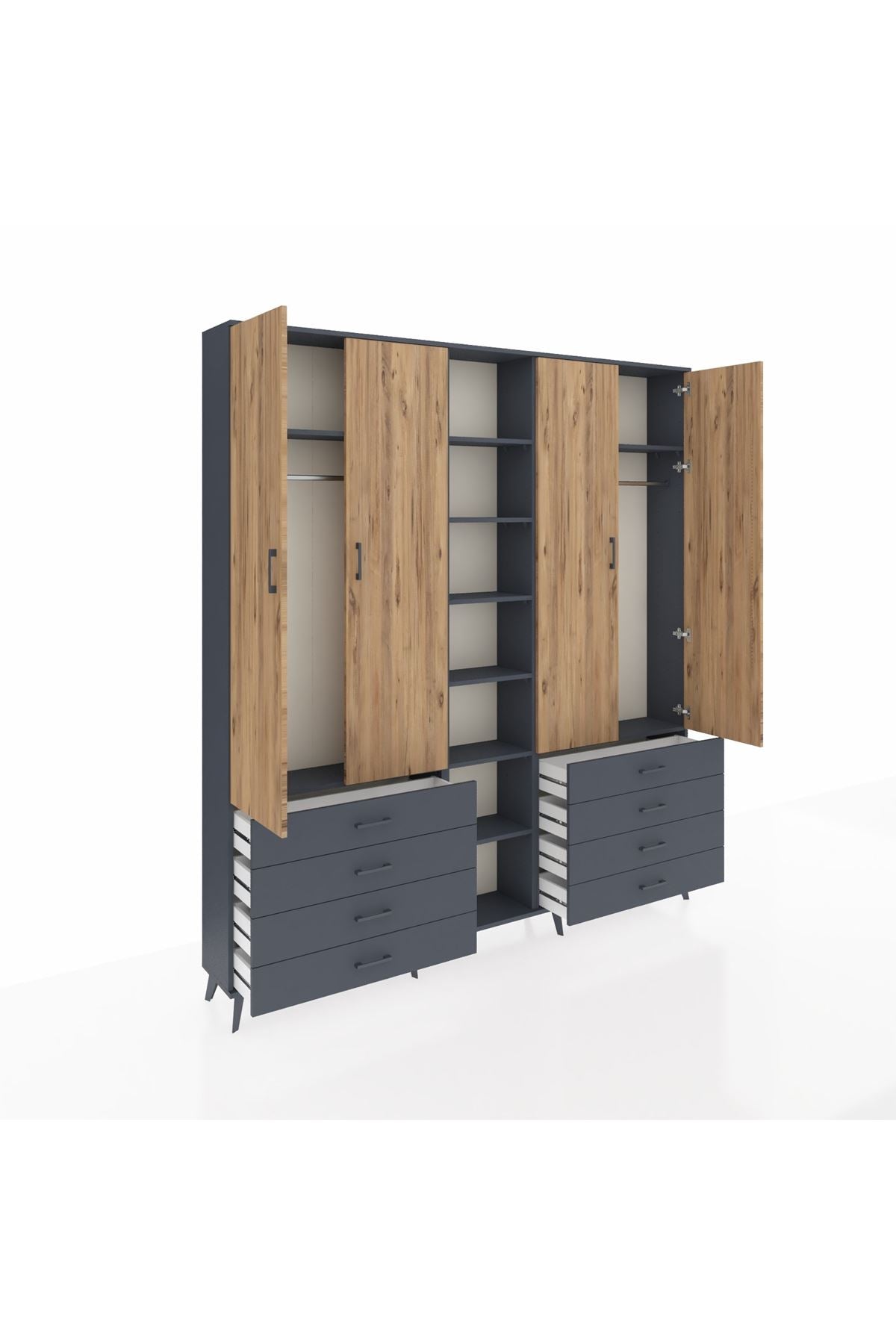 Arges Dolap 10 Raflı 8 Çekmeceli 2 Askılı 220x30x243 Antrasit-Çam/Antrasit