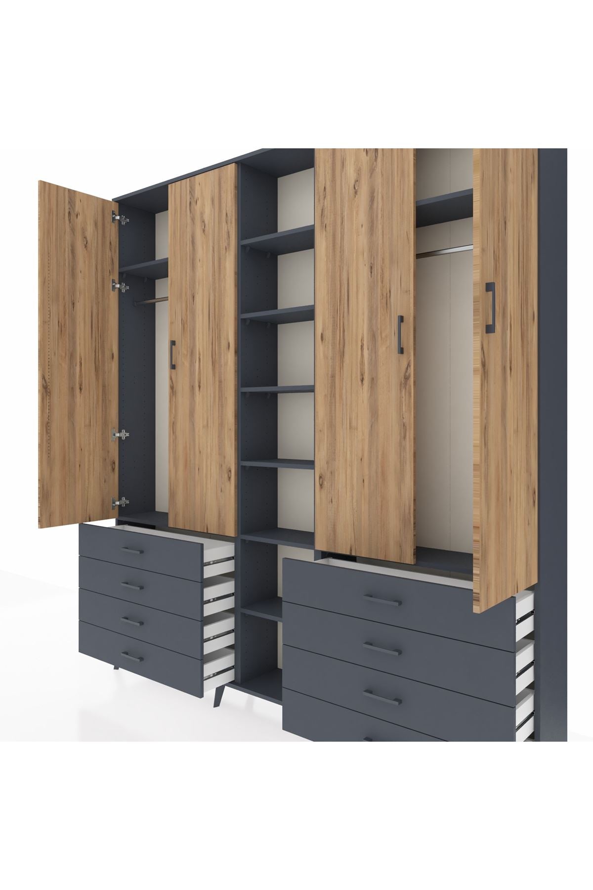 Arges Dolap 10 Raflı 8 Çekmeceli 2 Askılı 220x30x243 Antrasit-Çam/Antrasit