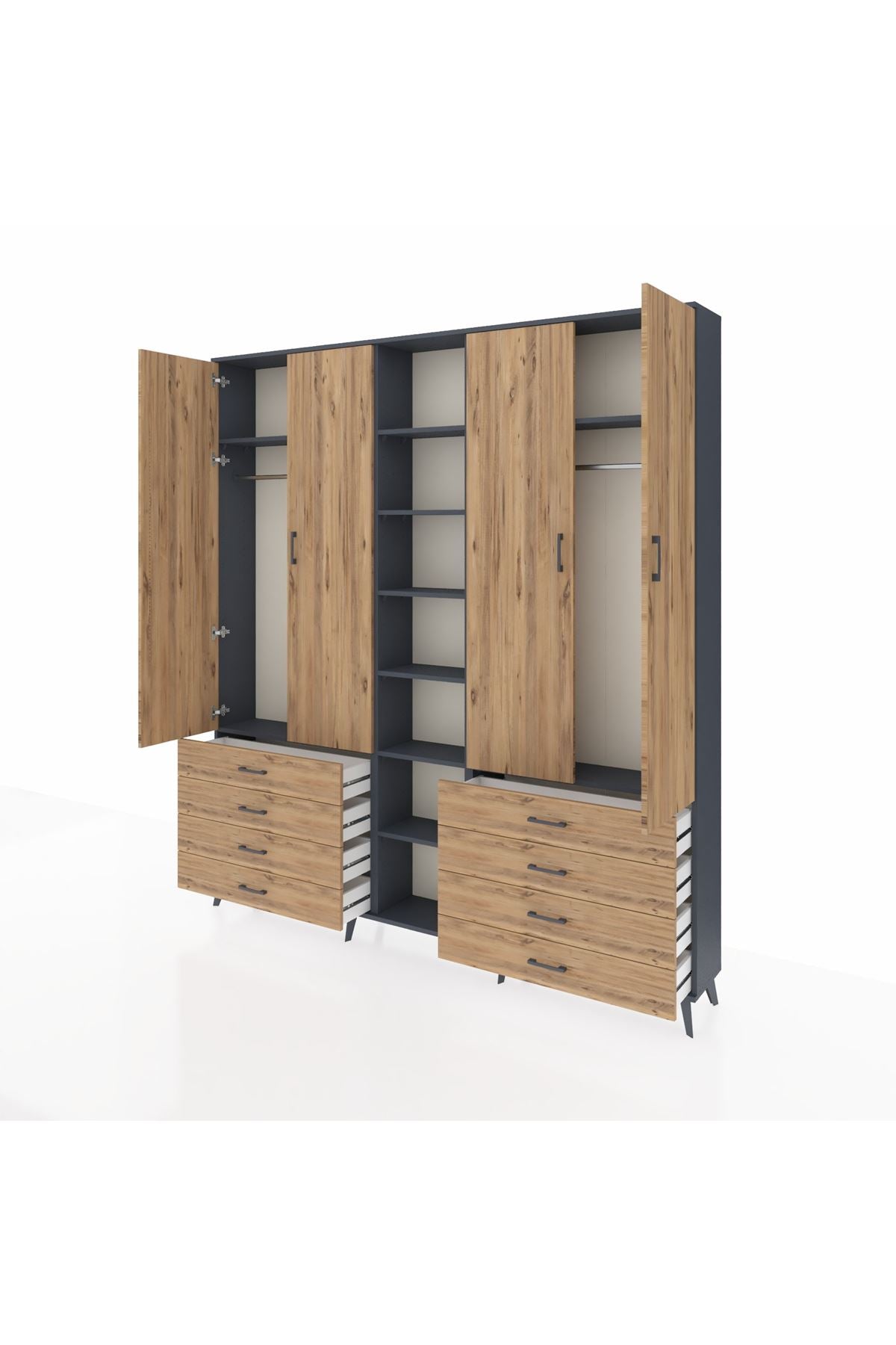 Arges Gardrop 10 Raflı 8 Çekmeceli 2 Askılı 220x30x243 Antrasit-Çam