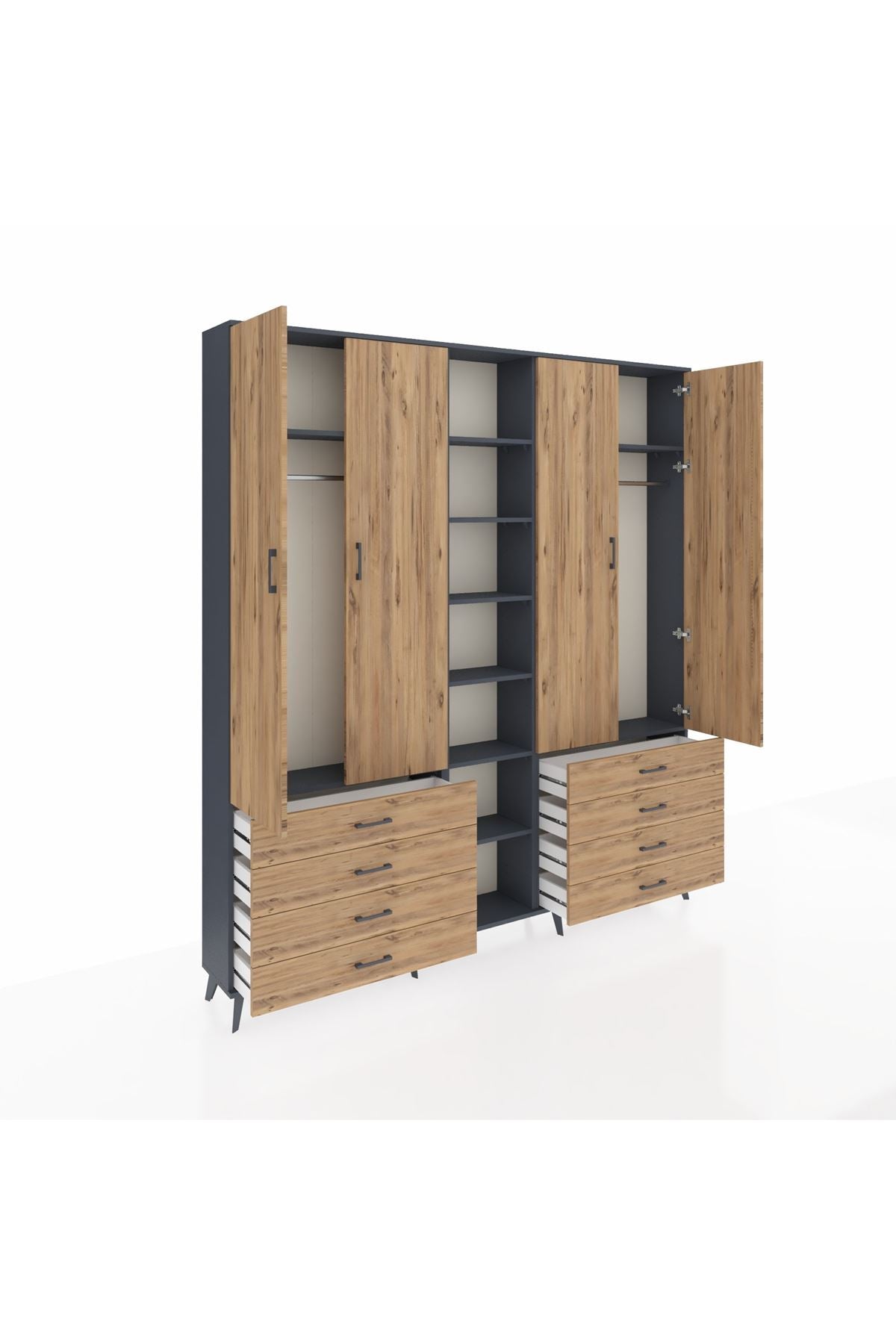 Arges Gardrop 10 Raflı 8 Çekmeceli 2 Askılı 220x30x243 Antrasit-Çam