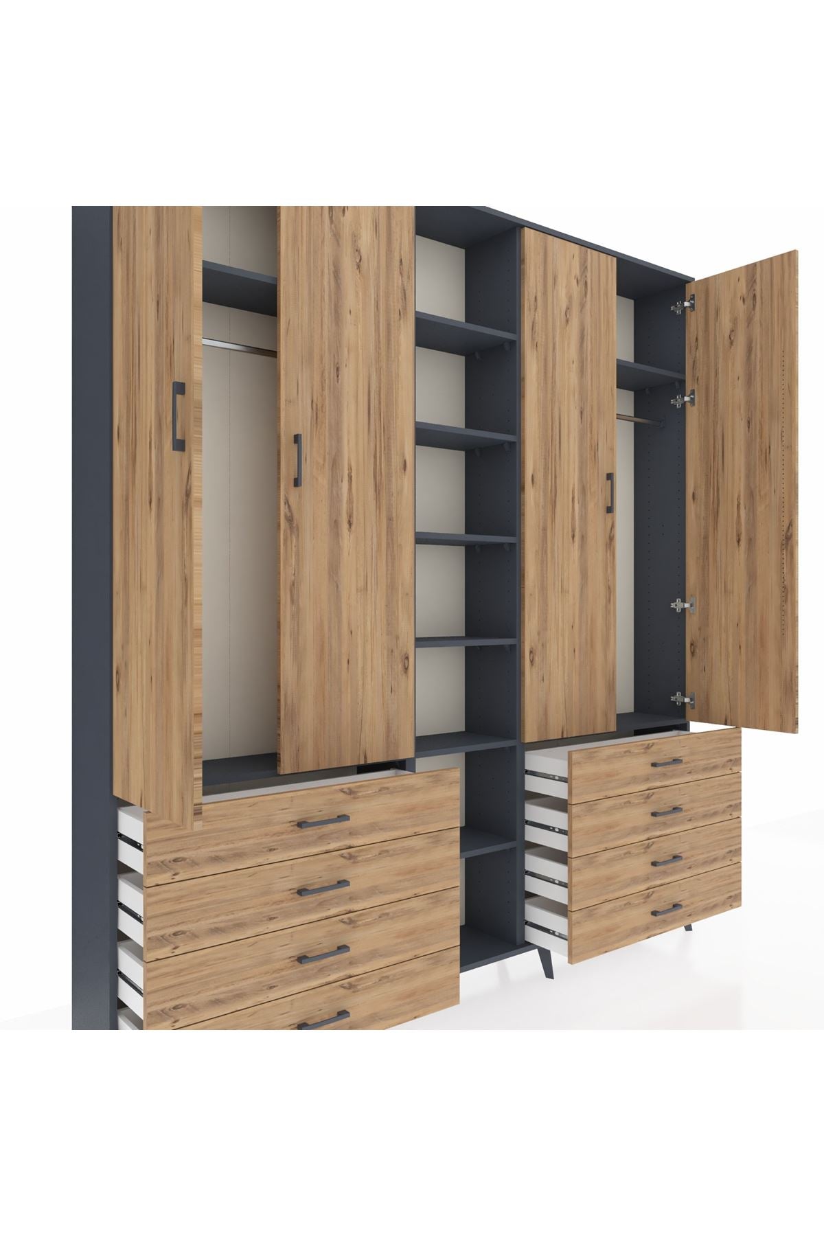 Arges Gardrop 10 Raflı 8 Çekmeceli 2 Askılı 220x30x243 Antrasit-Çam