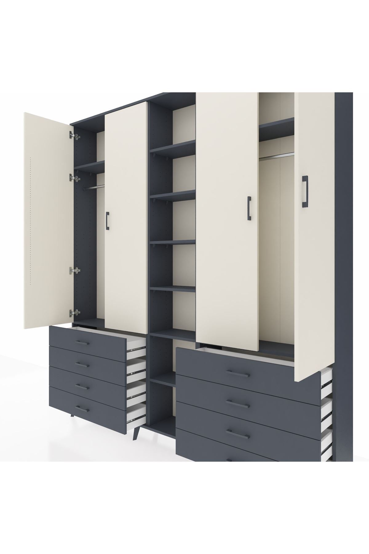 Arges Dolap 10 Raflı 8 Çekmeceli 2 Askılı 220x30x243 Antrasit-Aytaşı/Antrasit