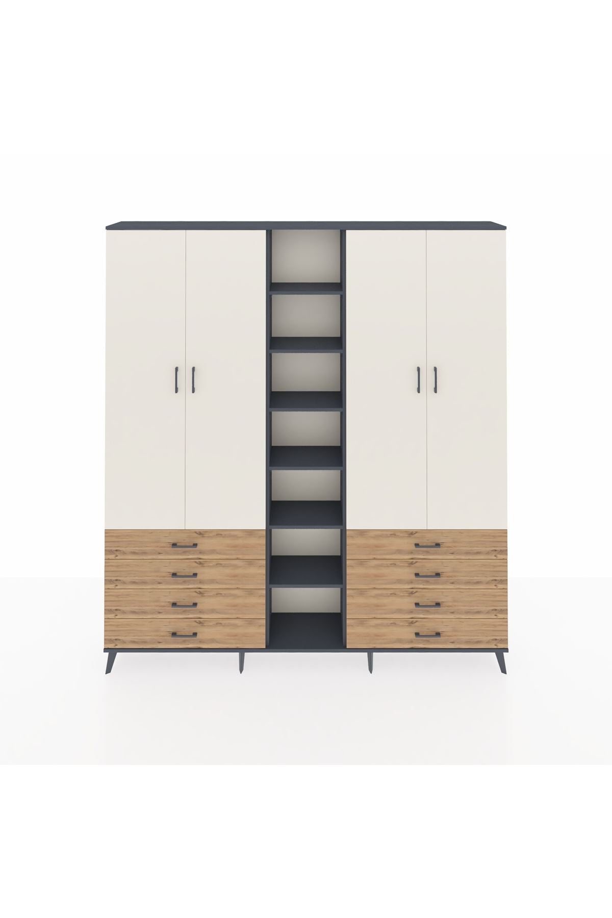 Arges Dolap 10 Raflı 8 Çekmeceli 2 Askılı 220x30x243 Antrasit-Aytaşı/Çam