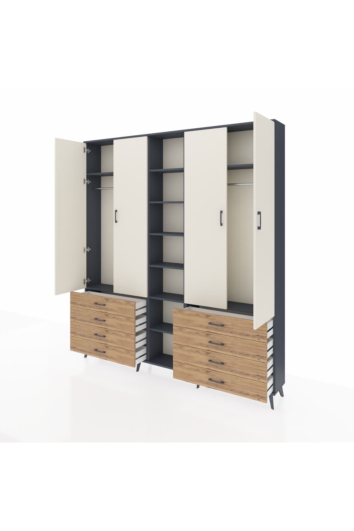 Arges Dolap 10 Raflı 8 Çekmeceli 2 Askılı 220x30x243 Antrasit-Aytaşı/Çam