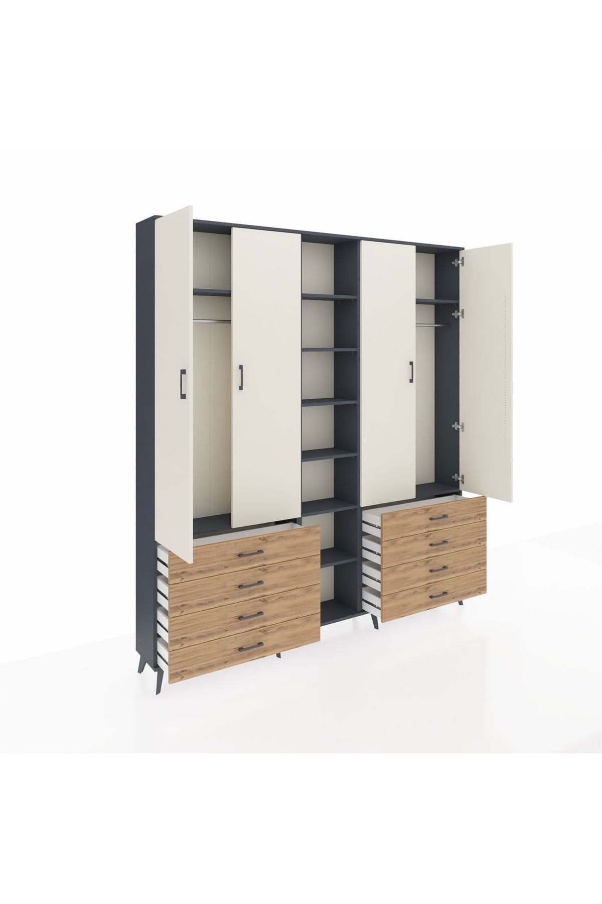 Arges Dolap 10 Raflı 8 Çekmeceli 2 Askılı 220x30x243 Antrasit-Aytaşı/Çam