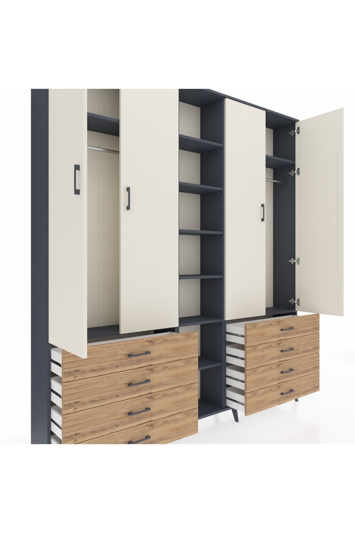 Arges Dolap 10 Raflı 8 Çekmeceli 2 Askılı 220x30x243 Antrasit-Aytaşı/Çam