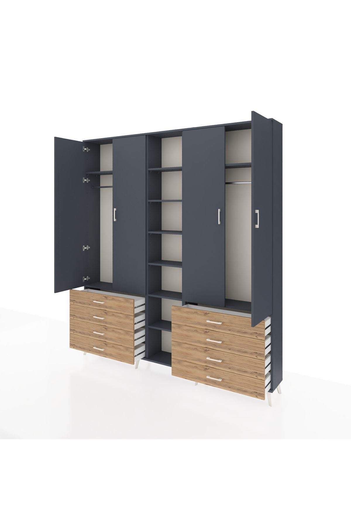 Arges Dolap 10 Raflı 8 Çekmeceli 2 Askılı 220x30x243 Antrasit-Antrasit/Çam