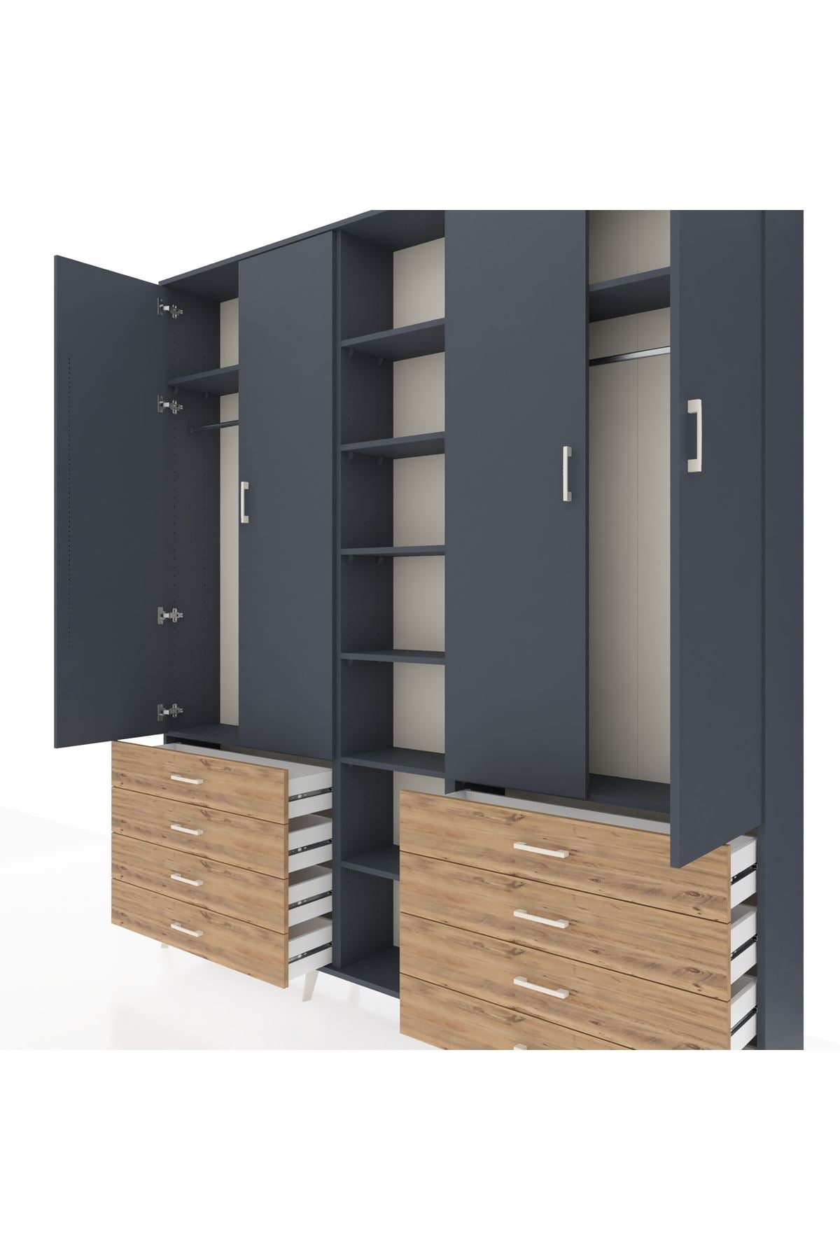 Arges Dolap 10 Raflı 8 Çekmeceli 2 Askılı 220x30x243 Antrasit-Antrasit/Çam