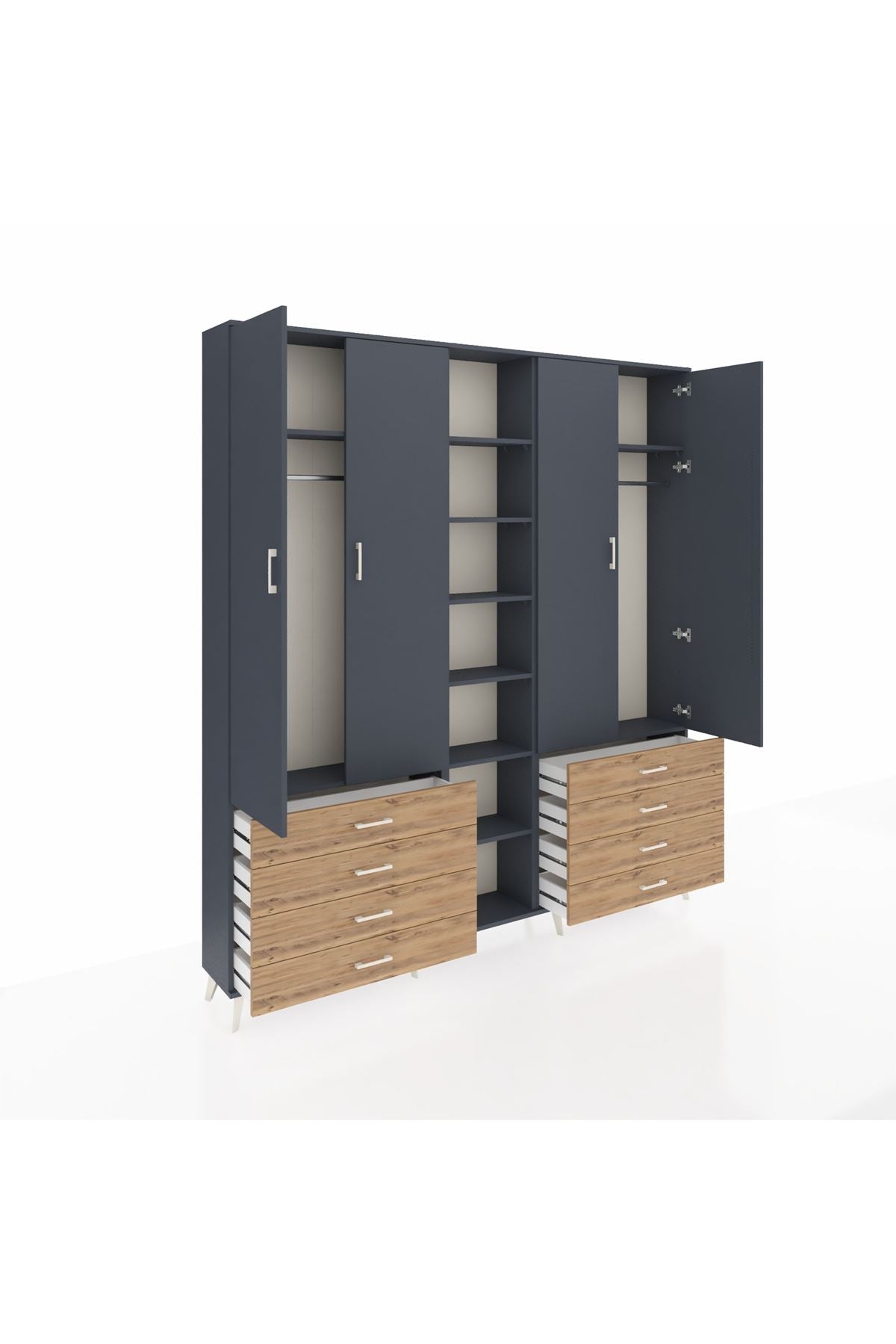 Arges Dolap 10 Raflı 8 Çekmeceli 2 Askılı 220x30x243 Antrasit-Antrasit/Çam