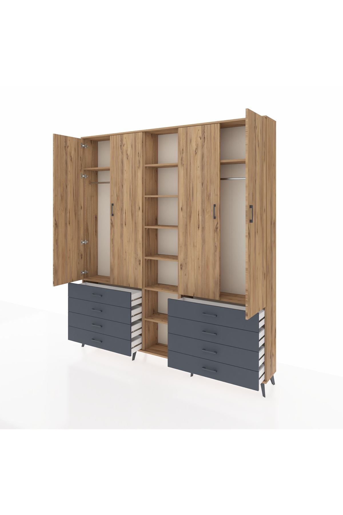 Arges Dolap 10 Raflı 8 Çekmeceli 2 Askılı 220x30x243 Çam-Çam/Antrasit