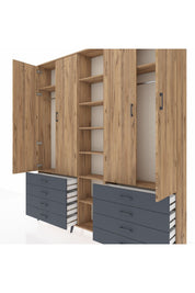 Arges Dolap 10 Raflı 8 Çekmeceli 2 Askılı 220x30x243 Çam-Çam/Antrasit
