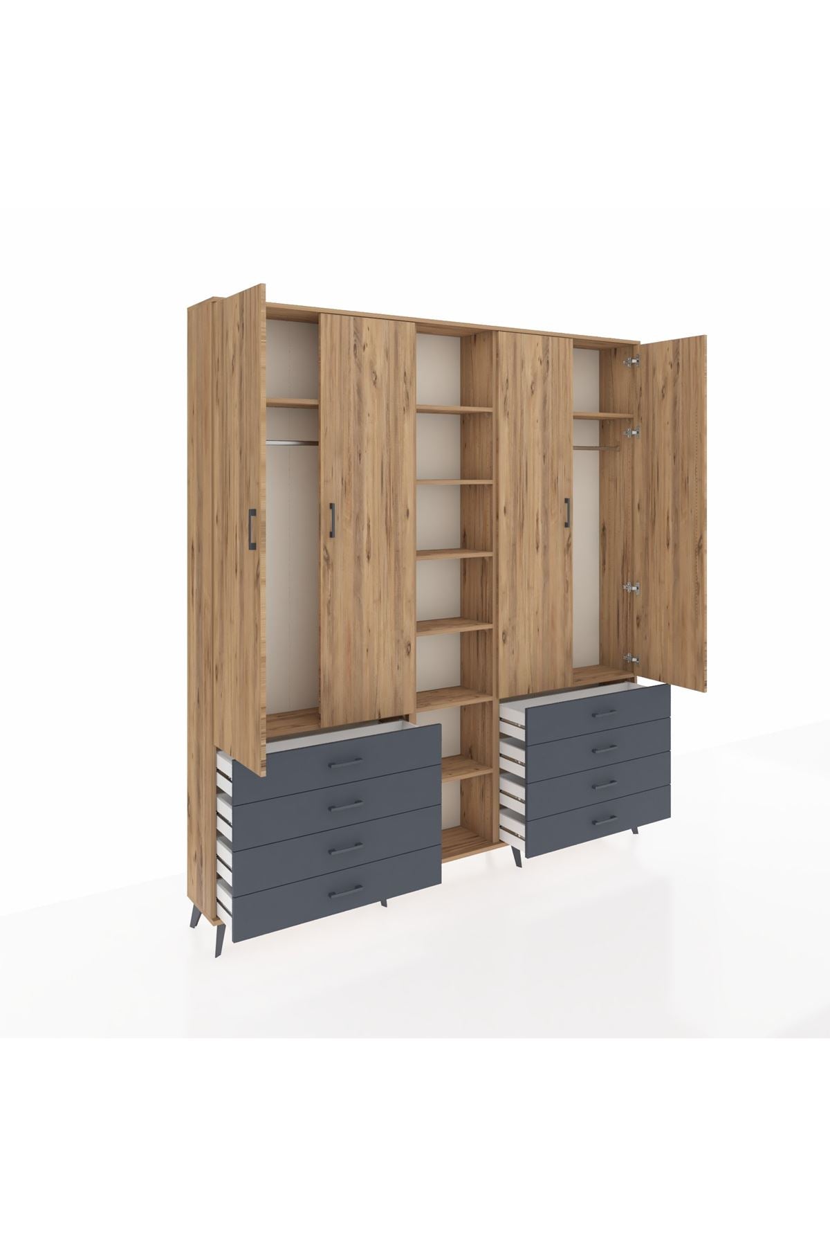 Arges Dolap 10 Raflı 8 Çekmeceli 2 Askılı 220x30x243 Çam-Çam/Antrasit