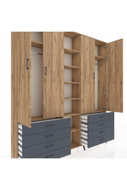 Arges Dolap 10 Raflı 8 Çekmeceli 2 Askılı 220x30x243 Çam-Çam/Antrasit