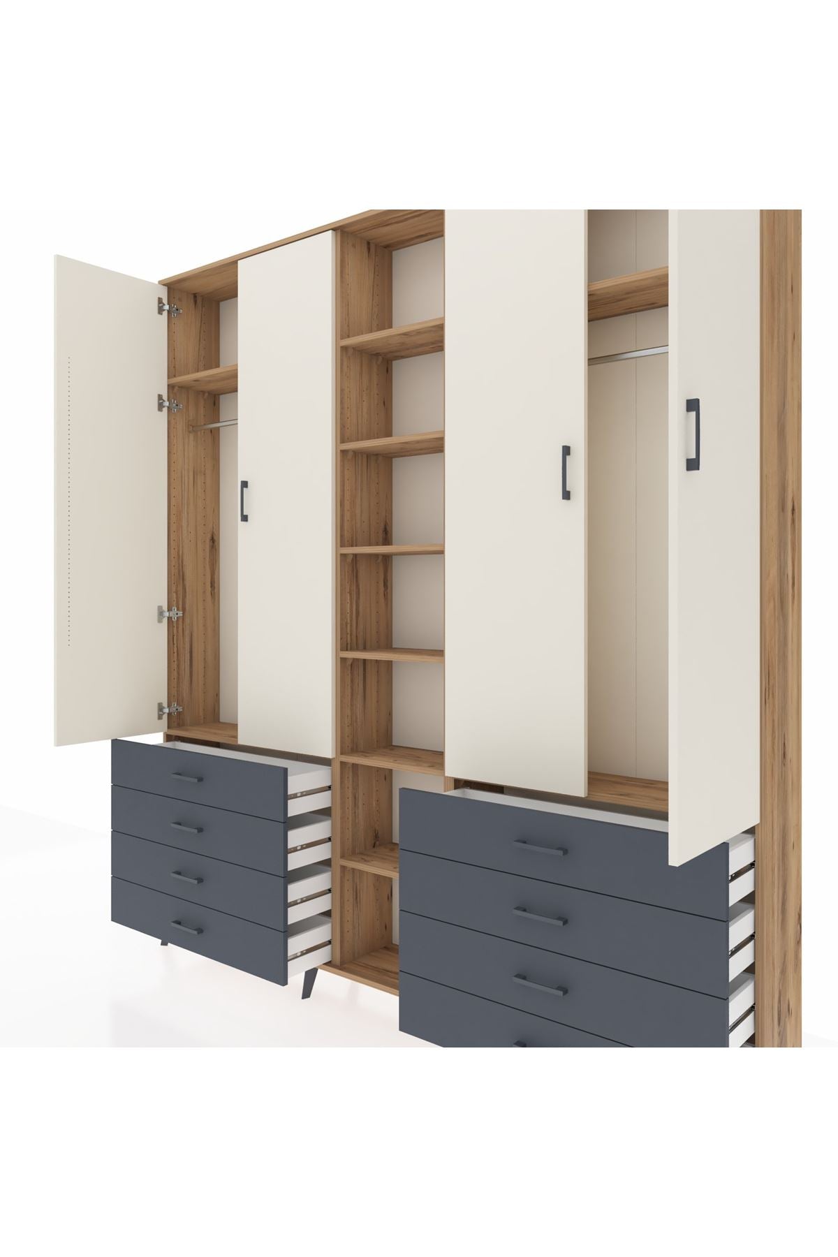 Arges Dolap 10 Raflı 8 Çekmeceli 2 Askılı 220x30x243 Çam-Aytaşı/Antrasit