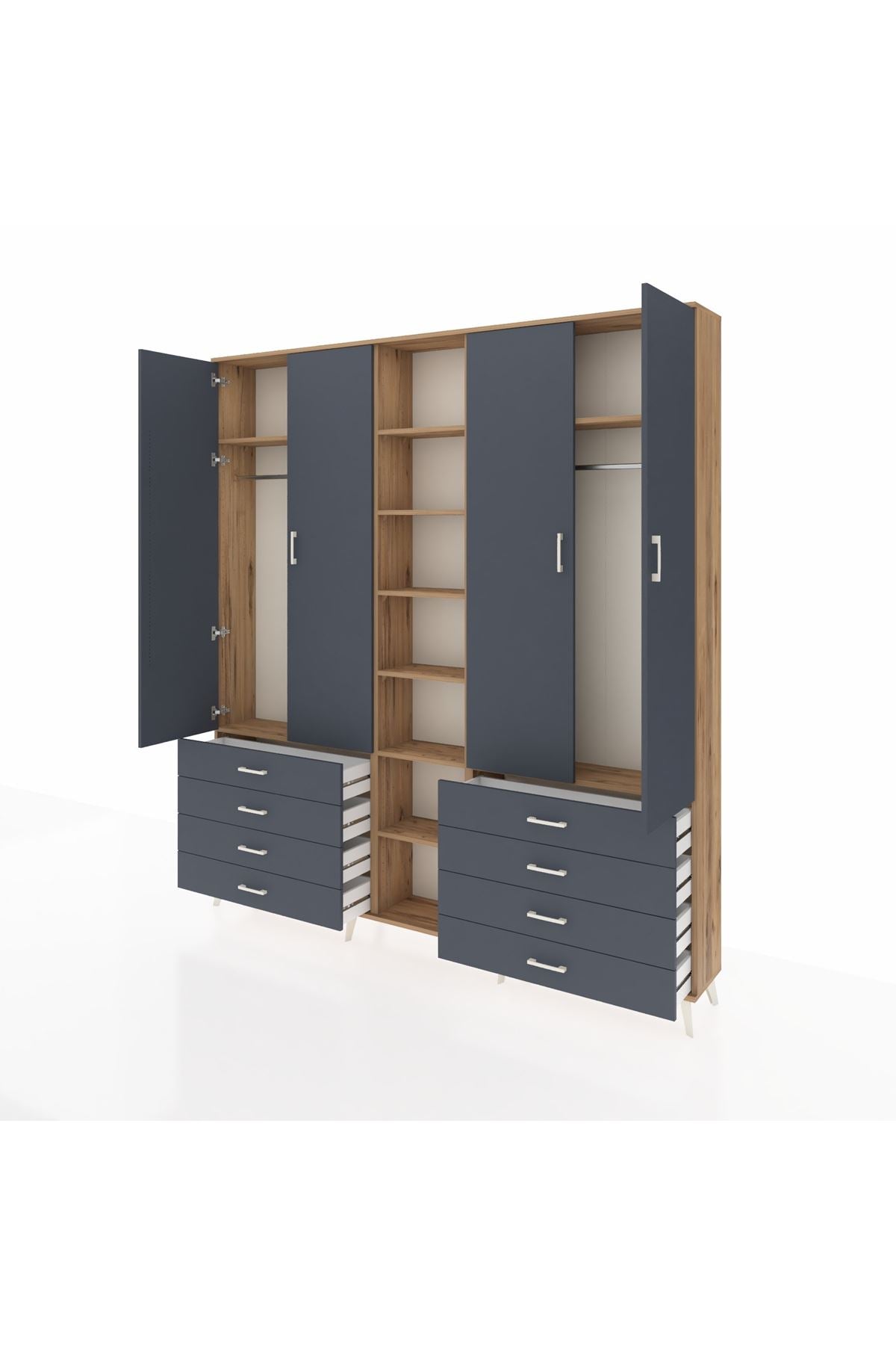 Arges Gardrop 10 Raflı 8 Çekmeceli 2 Askılı 220x30x243 Çam-Antrasit