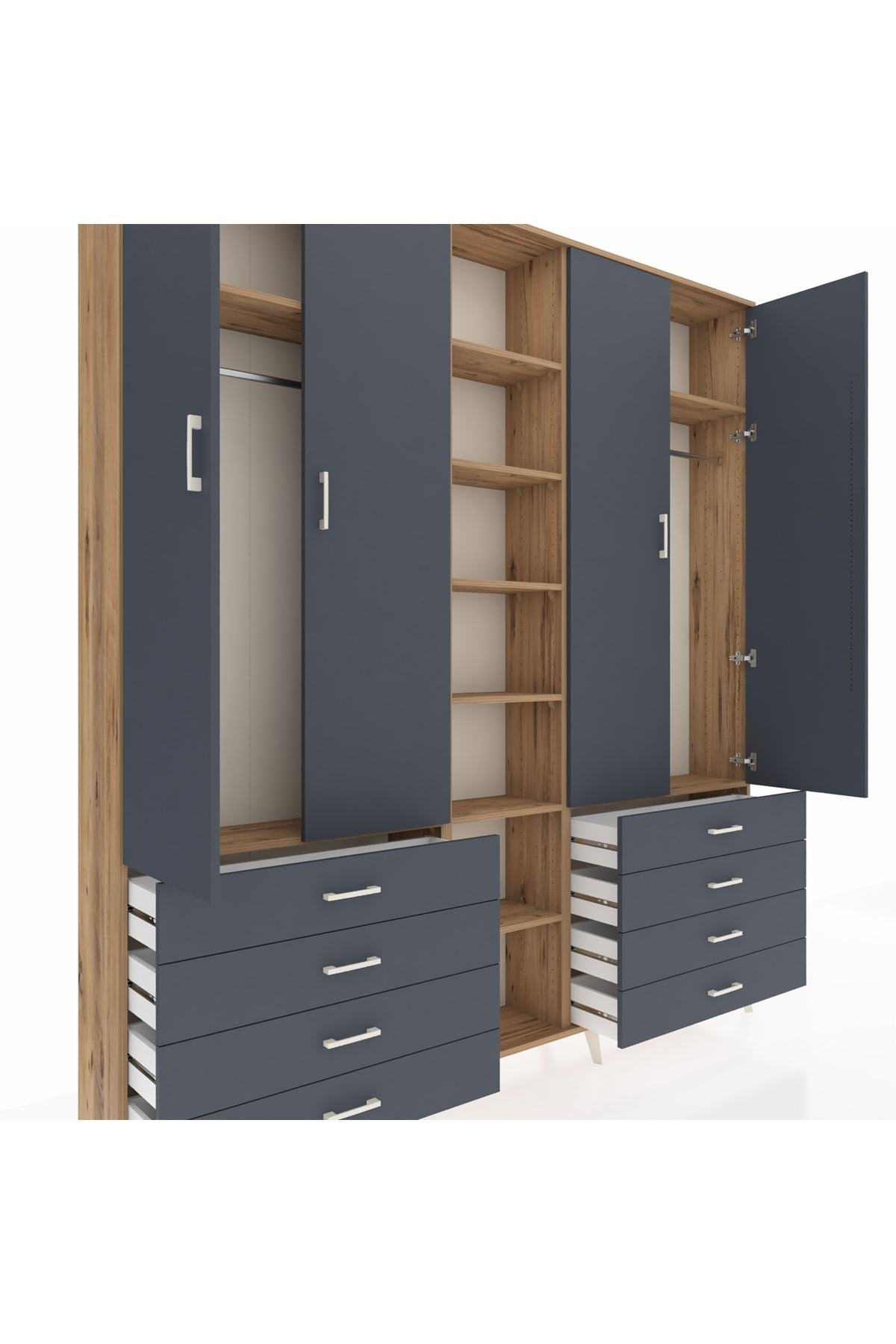 Arges Gardrop 10 Raflı 8 Çekmeceli 2 Askılı 220x30x243 Çam-Antrasit