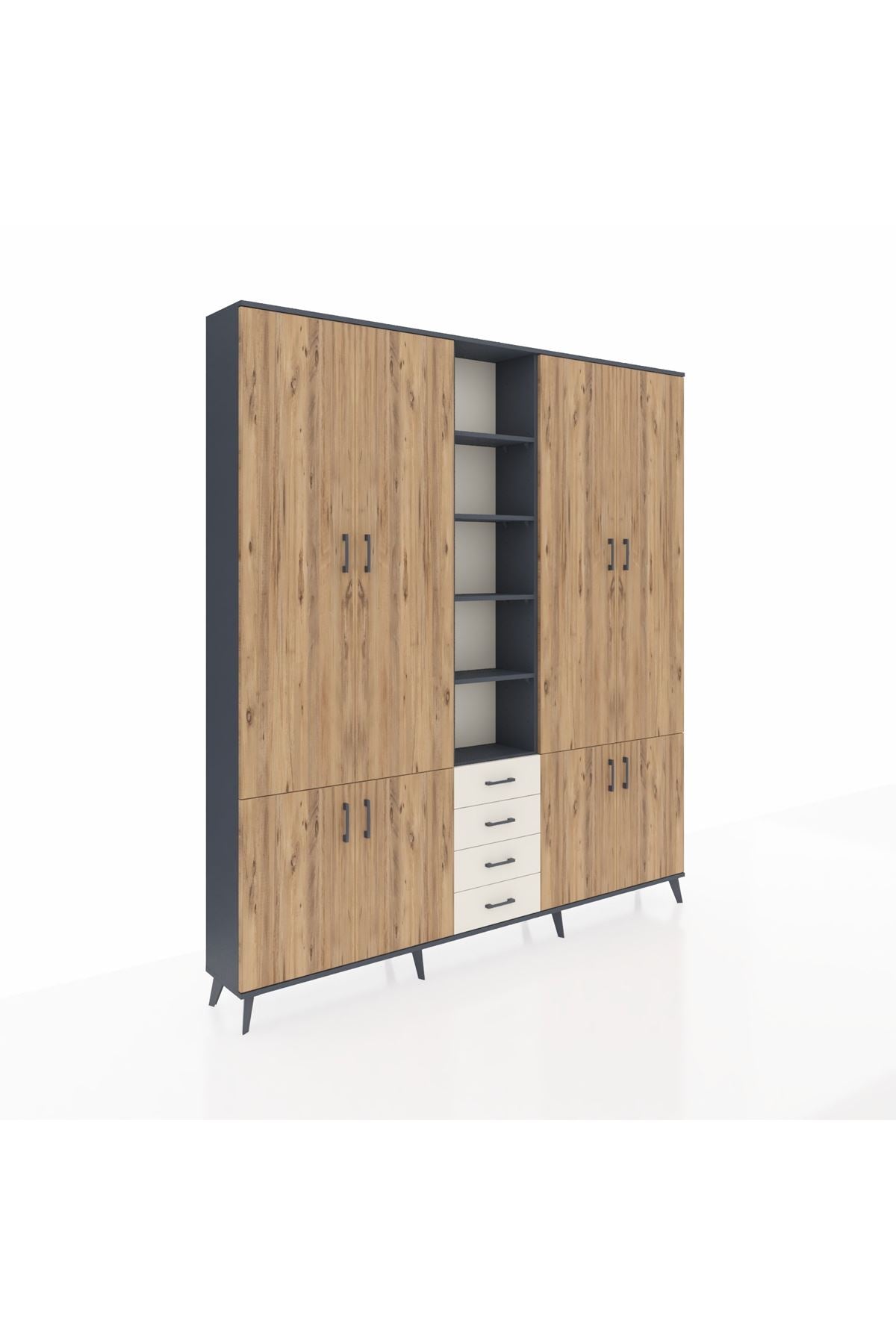 Arges Dolap 17 Raflı 4 Çekmeceli 8 Kapaklı 220x30x243 Antrasit-Çam/Aytaşı