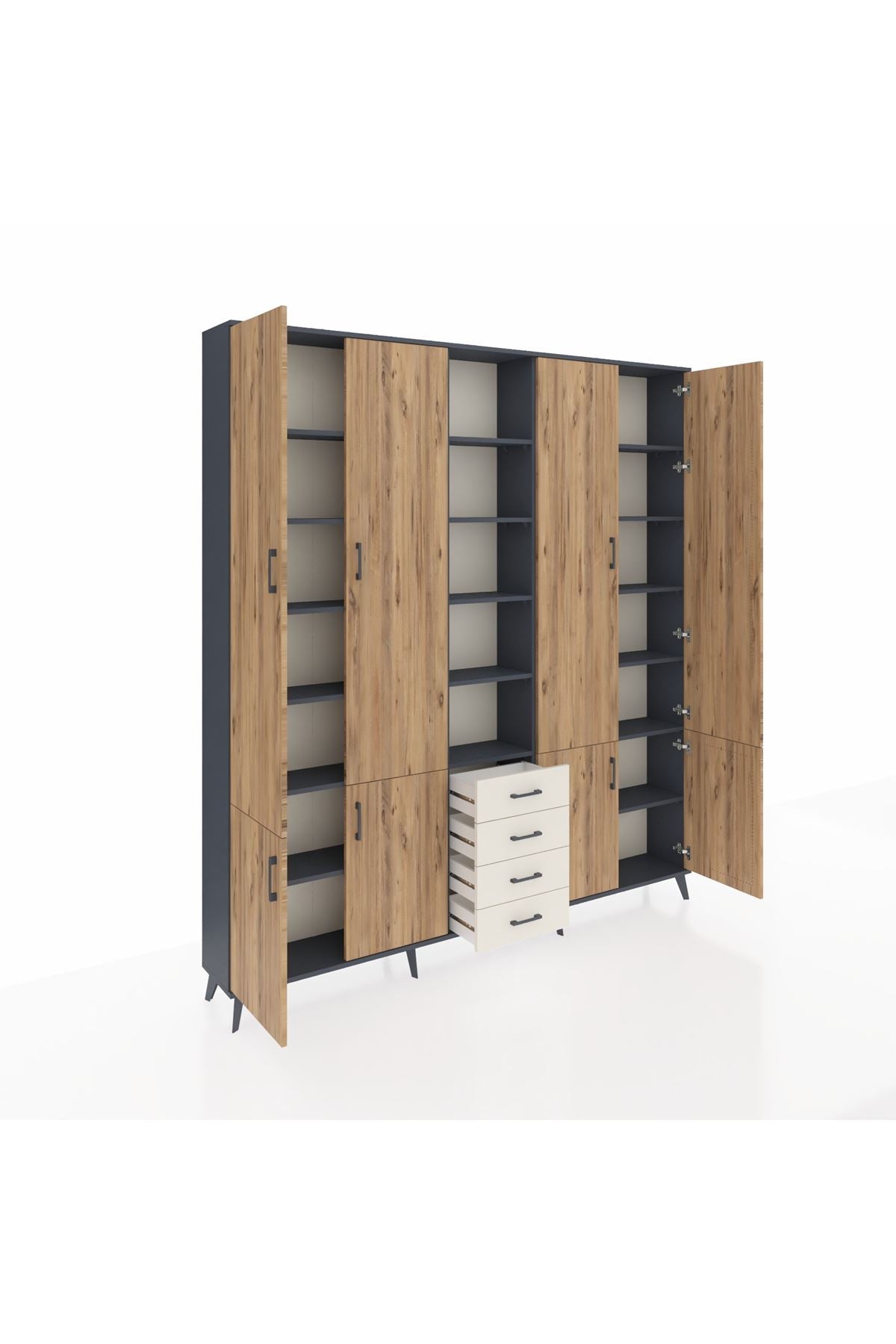 Arges Dolap 17 Raflı 4 Çekmeceli 8 Kapaklı 220x30x243 Antrasit-Çam/Aytaşı