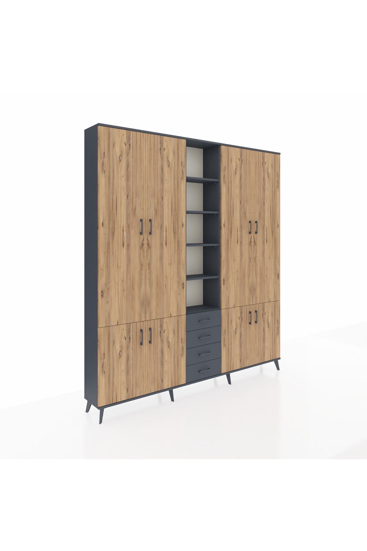 Arges Dolap 17 Raflı 4 Çekmeceli 8 Kapaklı 220x30x243 Antrasit-Çam/Antrasit