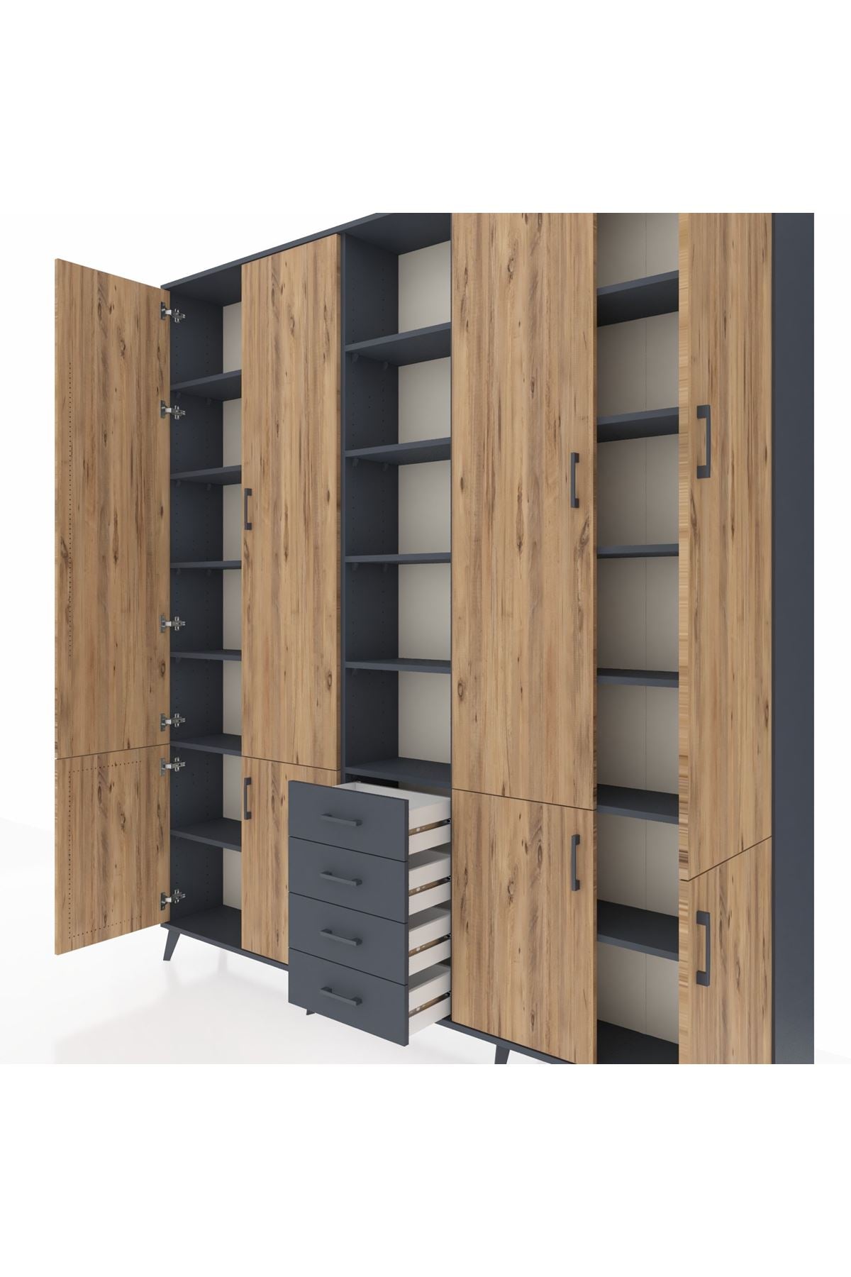 Arges Dolap 17 Raflı 4 Çekmeceli 8 Kapaklı 220x30x243 Antrasit-Çam/Antrasit
