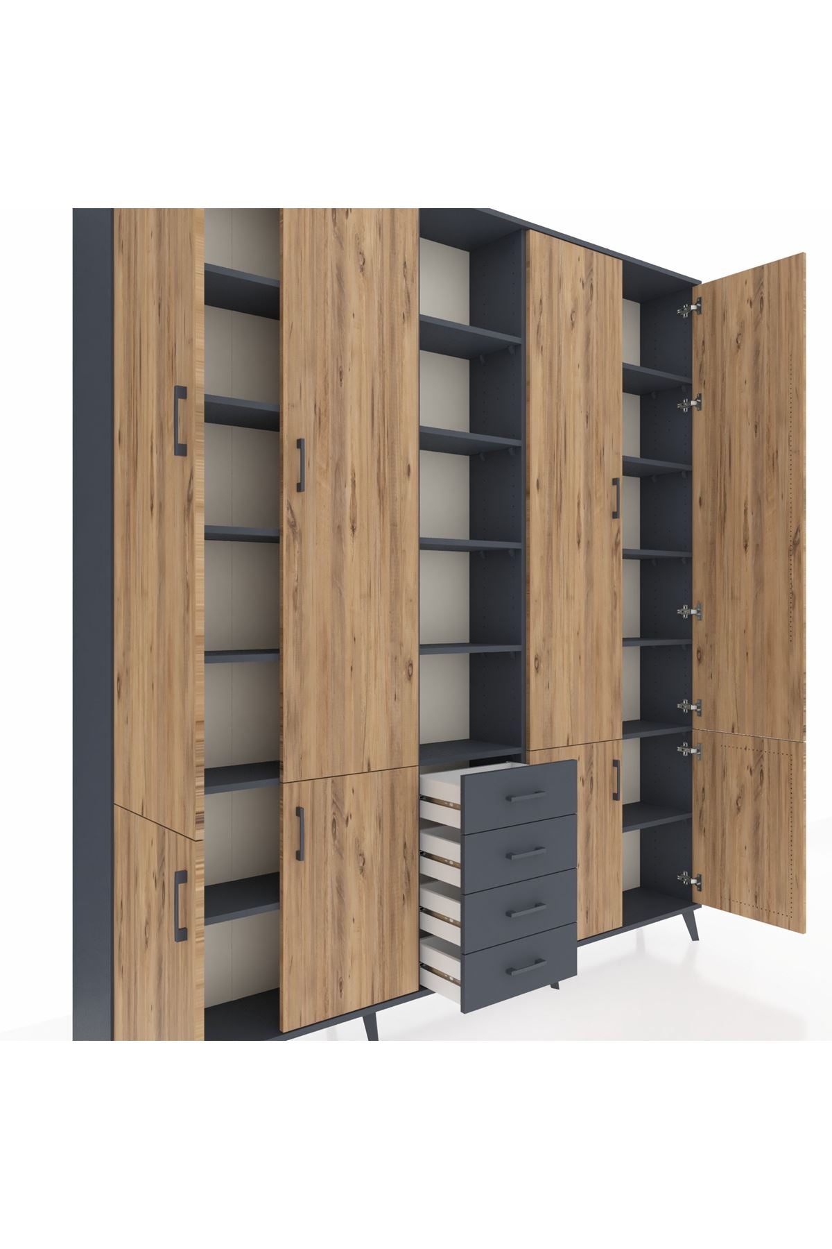Arges Dolap 17 Raflı 4 Çekmeceli 8 Kapaklı 220x30x243 Antrasit-Çam/Antrasit
