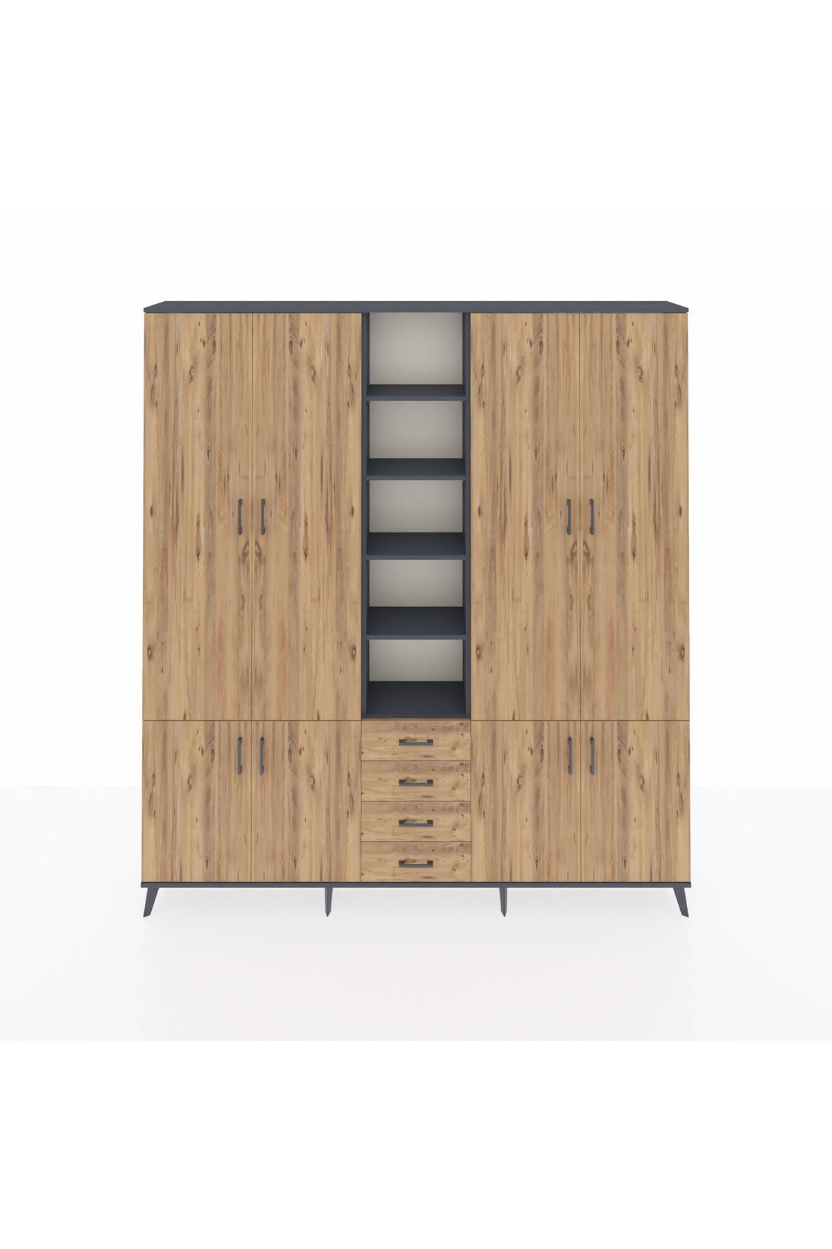 Arges Gardrop 17 Raflı 4 Çekmeceli 8 Kapaklı 220x30x243 Antrasit-Çam