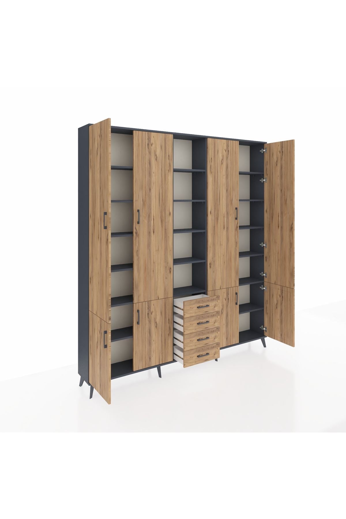 Arges Gardrop 17 Raflı 4 Çekmeceli 8 Kapaklı 220x30x243 Antrasit-Çam