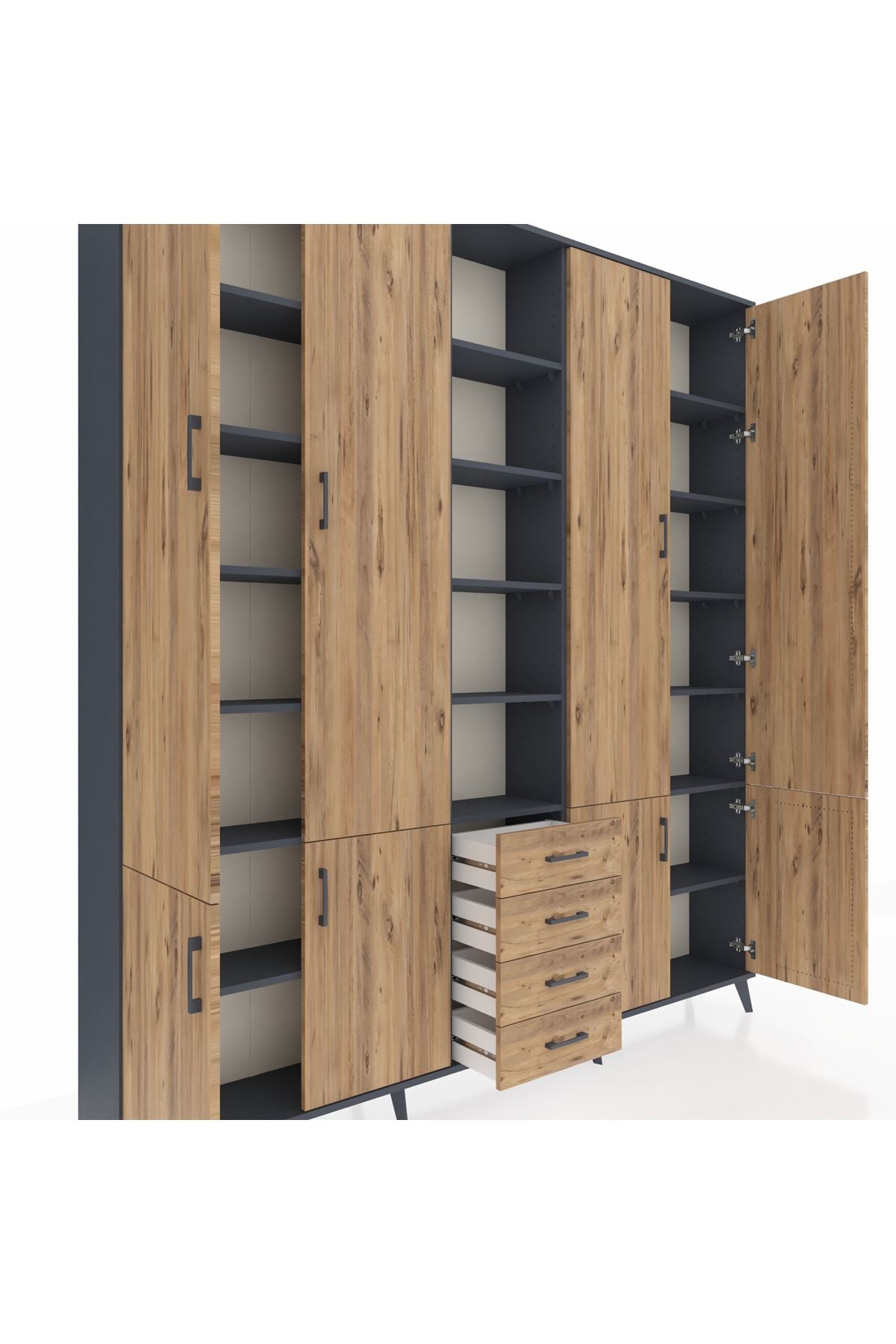 Arges Gardrop 17 Raflı 4 Çekmeceli 8 Kapaklı 220x30x243 Antrasit-Çam