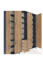 Arges Gardrop 17 Raflı 4 Çekmeceli 8 Kapaklı 220x30x243 Antrasit-Çam