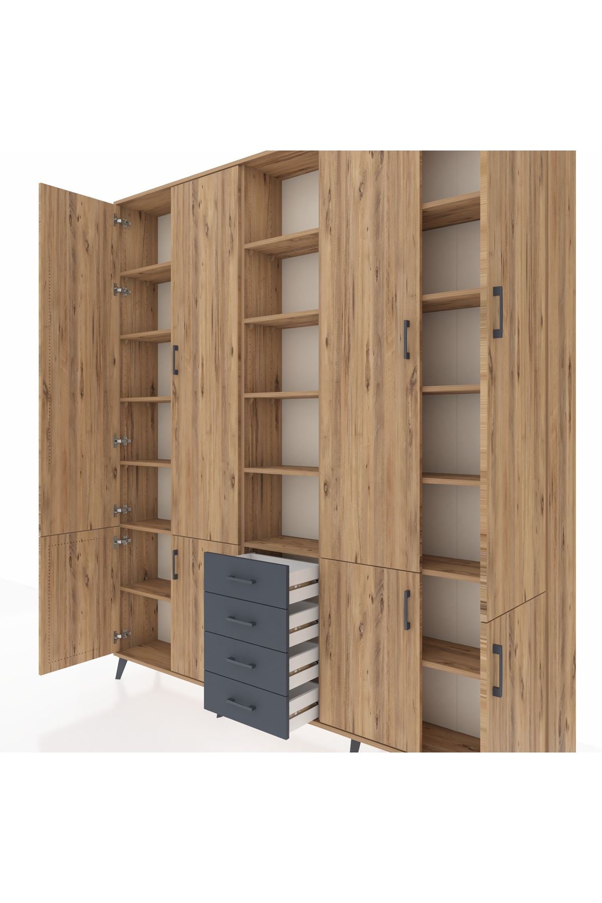 Arges Dolap 17 Raflı 4 Çekmeceli 8 Kapaklı 220x30x243 Çam-Çam/Antrasit