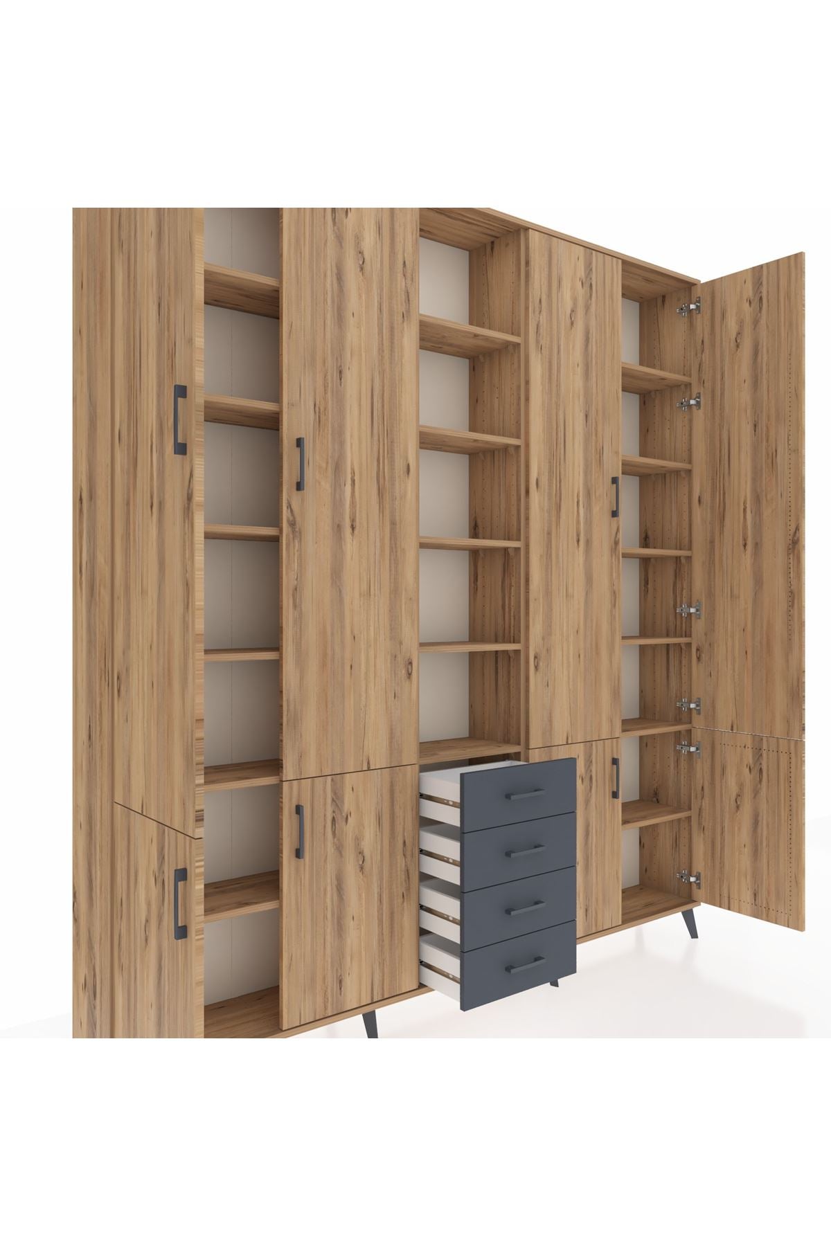 Arges Dolap 17 Raflı 4 Çekmeceli 8 Kapaklı 220x30x243 Çam-Çam/Antrasit
