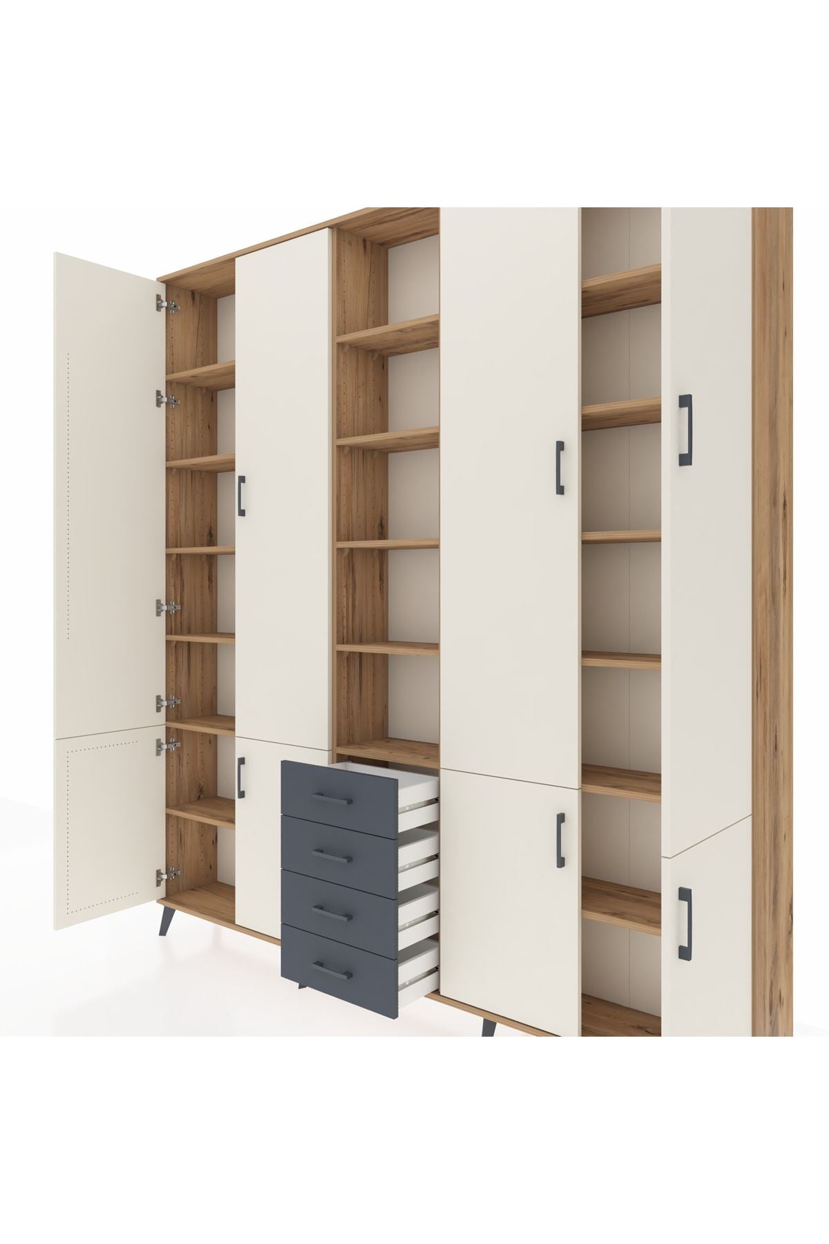 Arges Dolap 17 Raflı 4 Çekmeceli 8 Kapaklı 220x30x243 Çam-Aytaşı/Antrasit