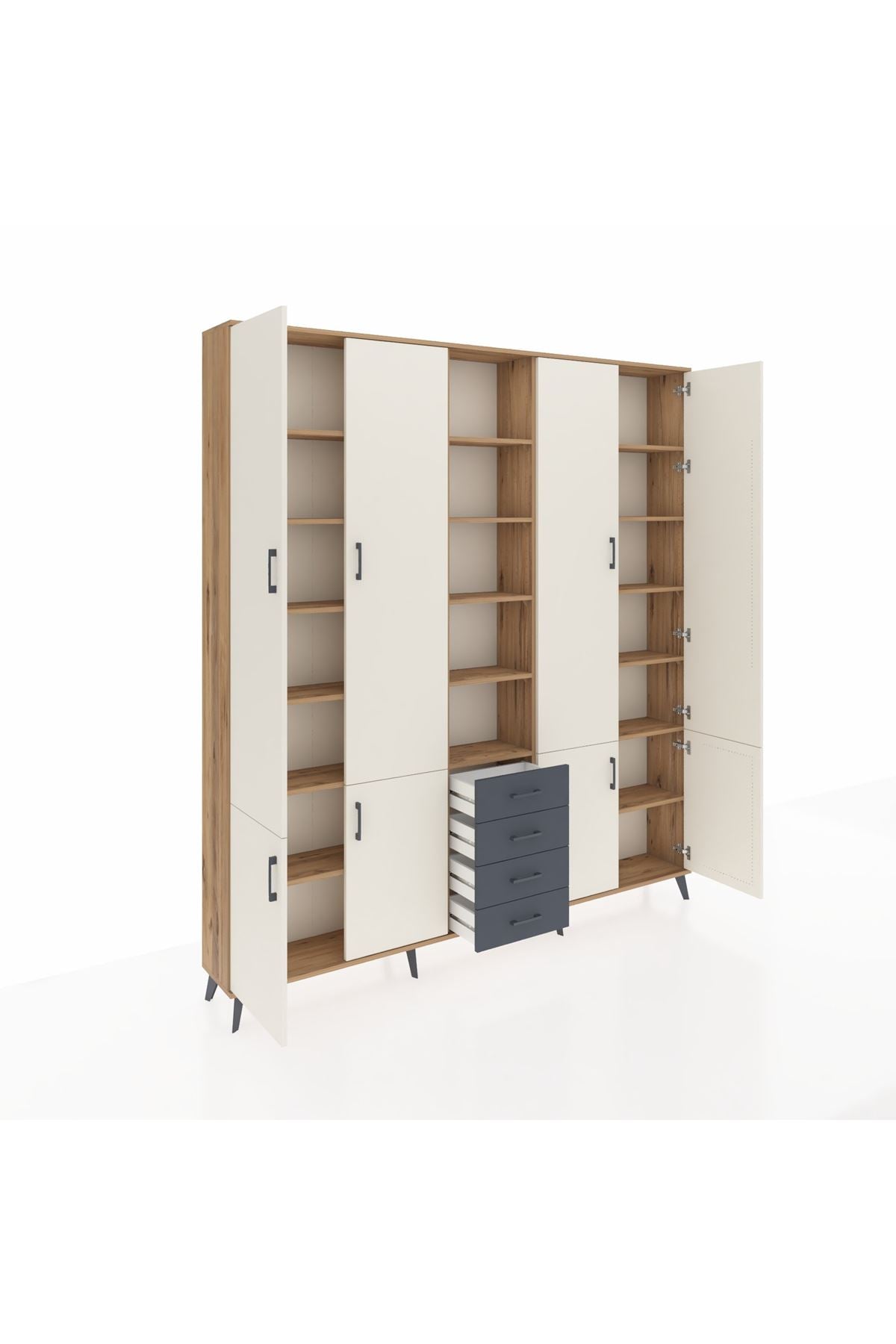 Arges Dolap 17 Raflı 4 Çekmeceli 8 Kapaklı 220x30x243 Çam-Aytaşı/Antrasit