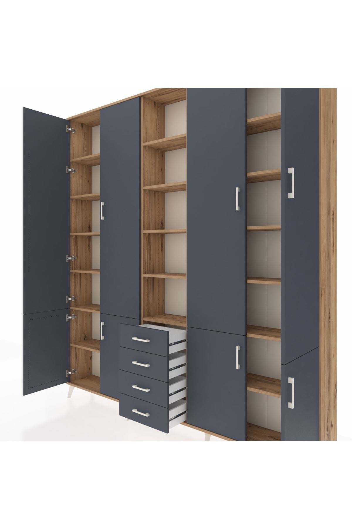 Arges Gardrop 17 Raflı 4 Çekmeceli 8 Kapaklı 220x30x243 Çam-Antrasit