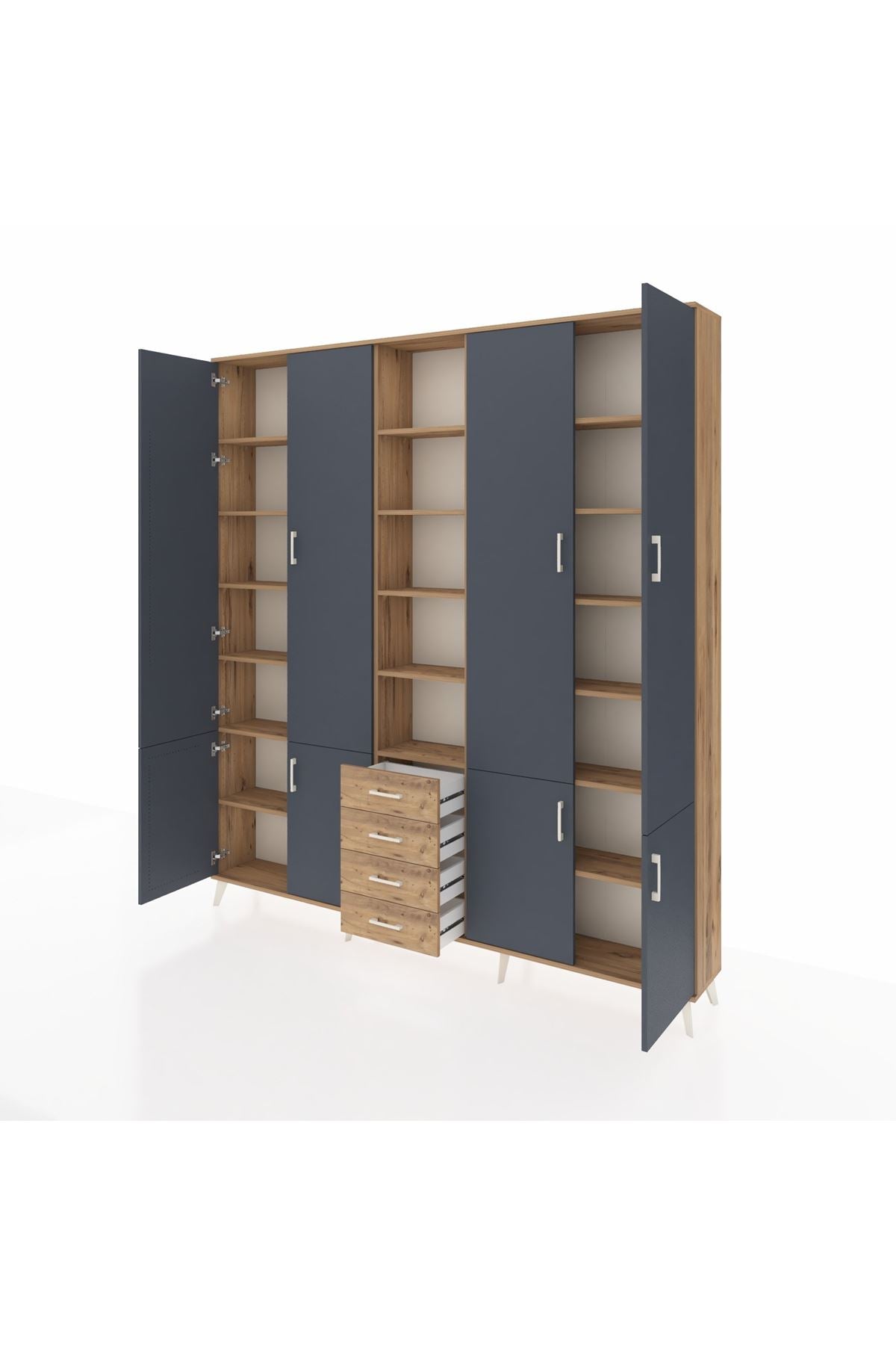 Arges Dolap 17 Raflı 4 Çekmeceli 8 Kapaklı 220x30x243 Çam-Antrasit/Çam