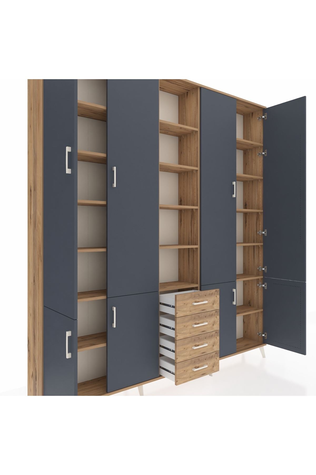 Arges Dolap 17 Raflı 4 Çekmeceli 8 Kapaklı 220x30x243 Çam-Antrasit/Çam