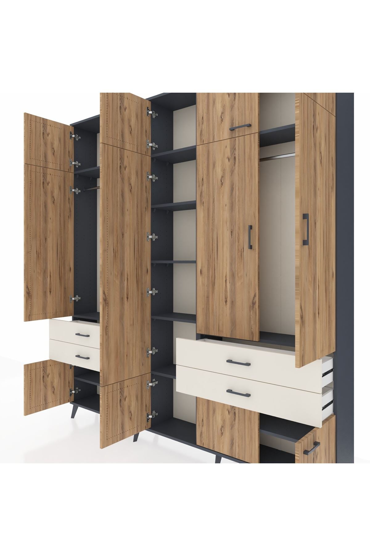 Arges Dolap 11 Raflı 4 Çekmeceli 2 Askılı 220x30x243 Antrasit-Çam/Aytaşı