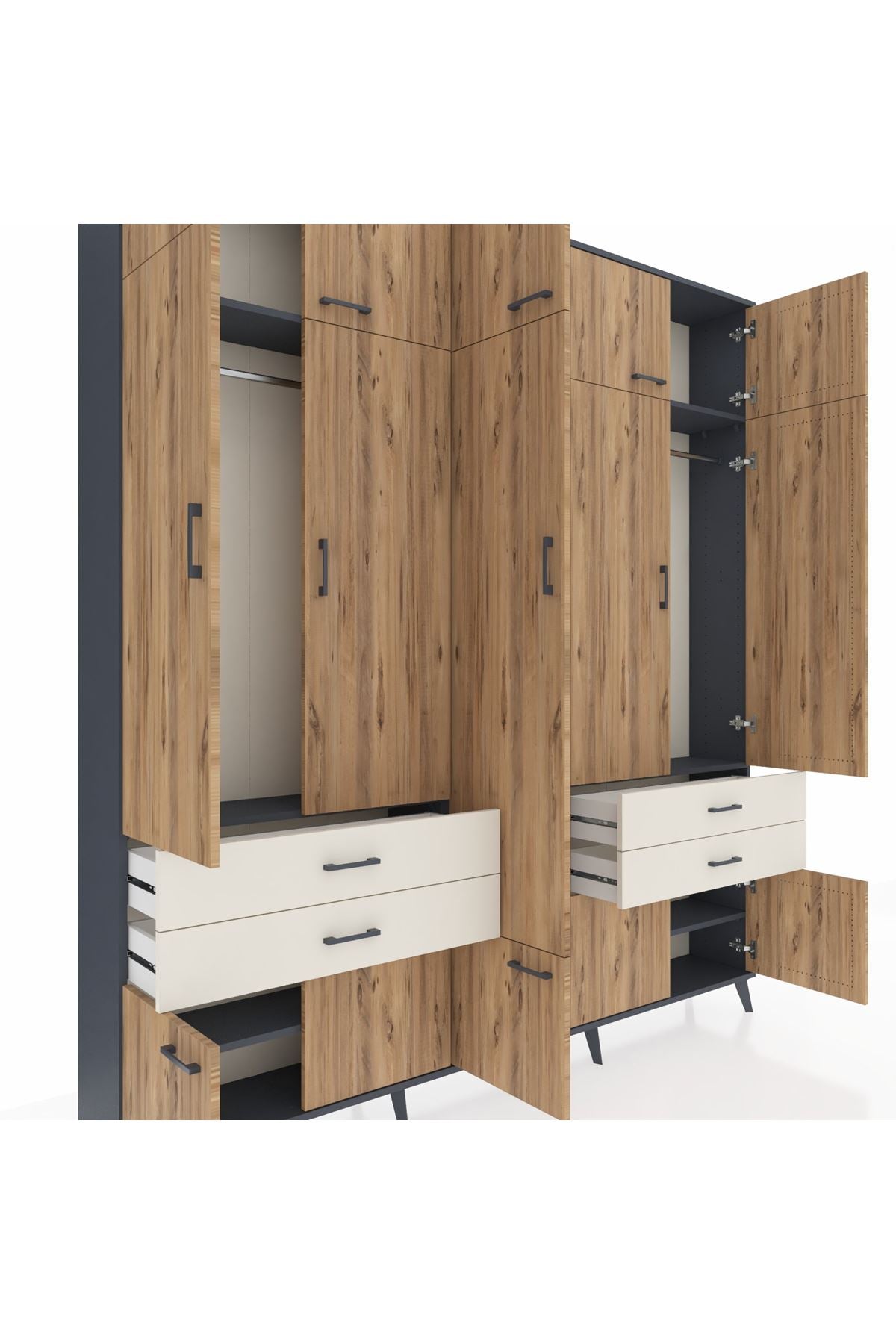 Arges Dolap 11 Raflı 4 Çekmeceli 2 Askılı 220x30x243 Antrasit-Çam/Aytaşı