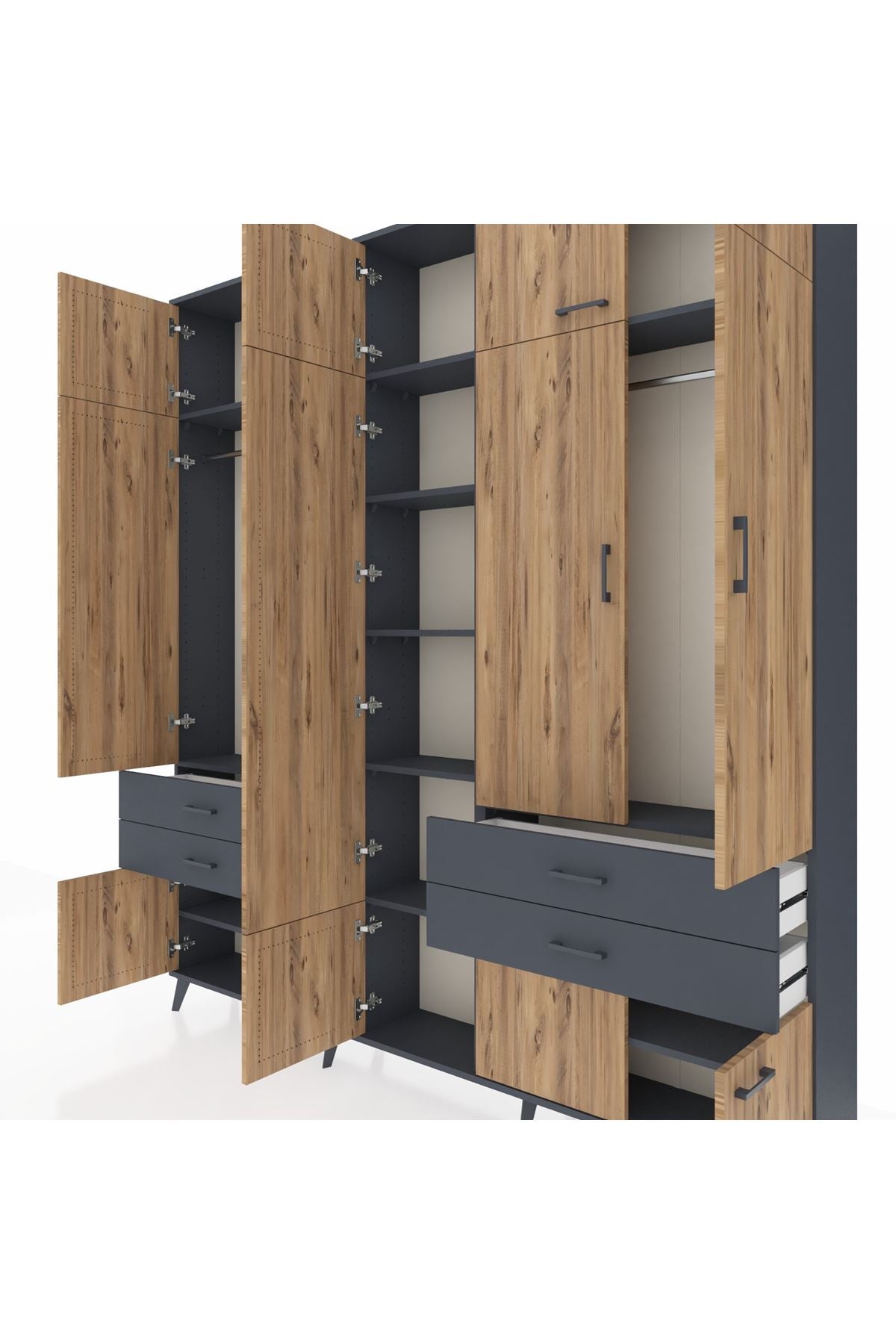 Arges Dolap 11 Raflı 4 Çekmeceli 2 Askılı 220x30x243 Antrasit-Çam/Antrasit